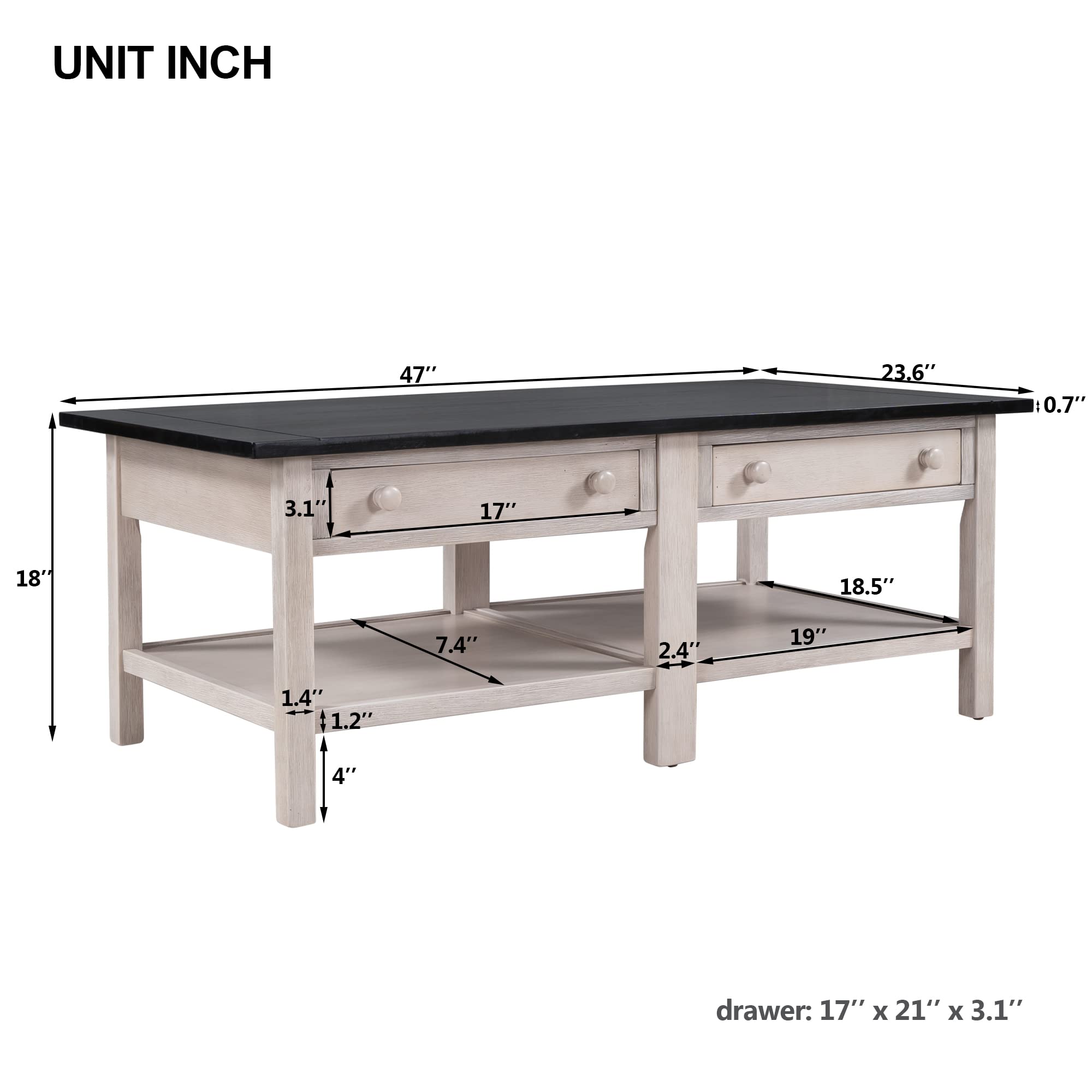 Solid Wood Coffee Table with 2 Drawers & Open Shelf - Large Storage, Classic American Style Cocktail Table for Living Room, Office, or Lounge (Espresso & White Finish) - Perfect for Entertaining Guests, Holding Drinks & Displaying Decor