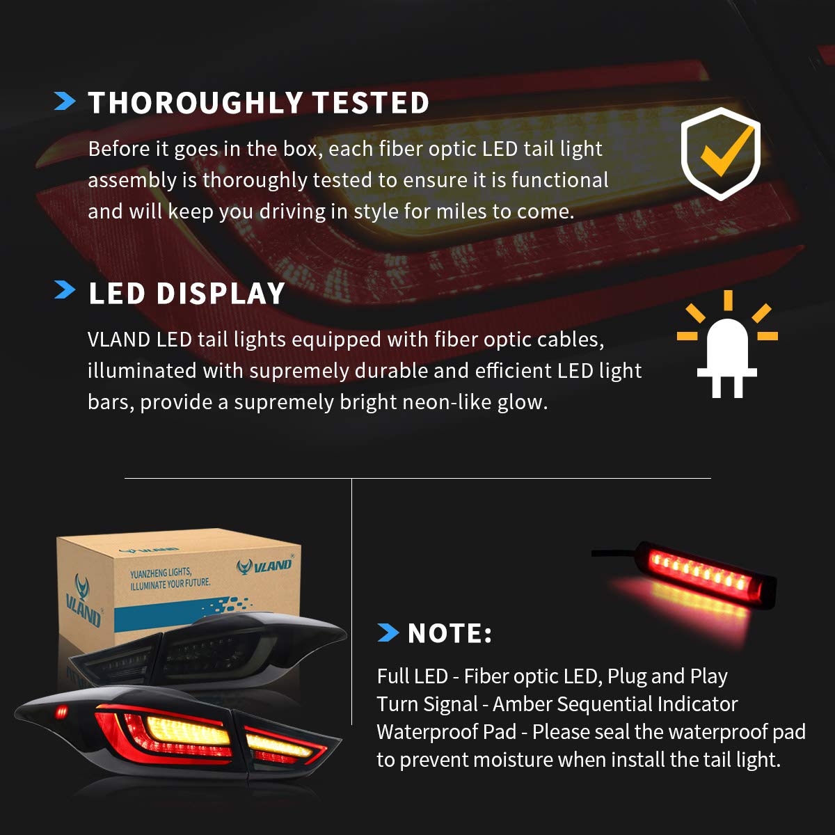 VLAND LED Tail Lights for Hyundai Elantra 2012-2016 Sedan & Coupe 2013-2014 - Amber Sequential Turn Signal, Smoke Tinted Rear Light Assembly (Pair) - Upgrade Your Car's Style & Safety for Night Driving