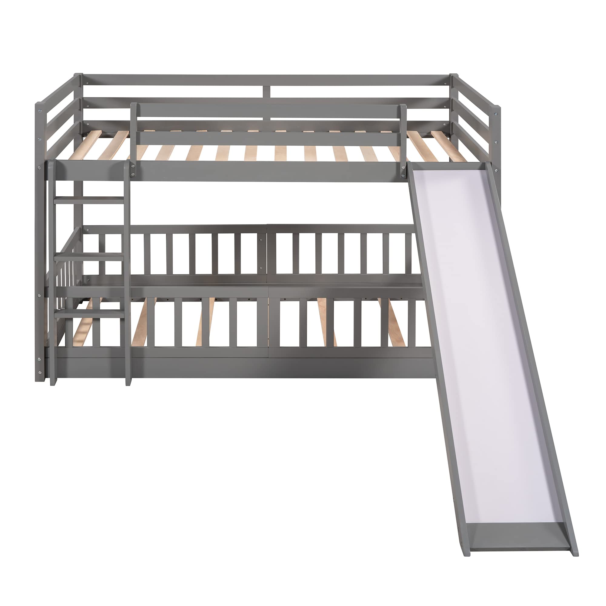 Twin Over Twin Bunk Bed with Slide - Wooden Low Bunk Bed Frame with Ladder & Safety Rail for Kids, Toddlers, Boys & Girls - Perfect for Small Bedrooms, Kids' Rooms & Shared Spaces - Gray