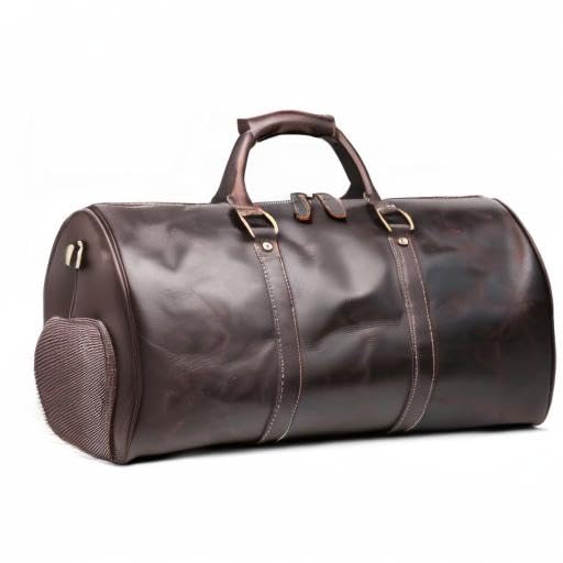 Vintage Leather Duffle Bag for Men - Travel Carry On Luggage with Side Pockets, Dark Brown | Perfect for Business Trips, Gym & Weekend Getaways