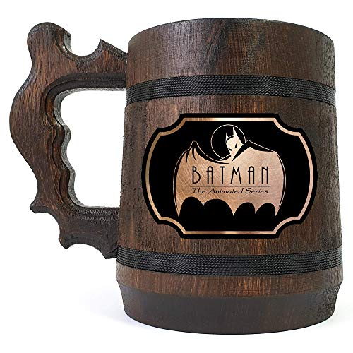 Batman Animated Series Logo Stein - Handmade Wooden Beer Mug with Engraved Batman Design - Custom Gaming Gift for Men - Perfect for Themed Parties, Collectors & Beer Enthusiasts