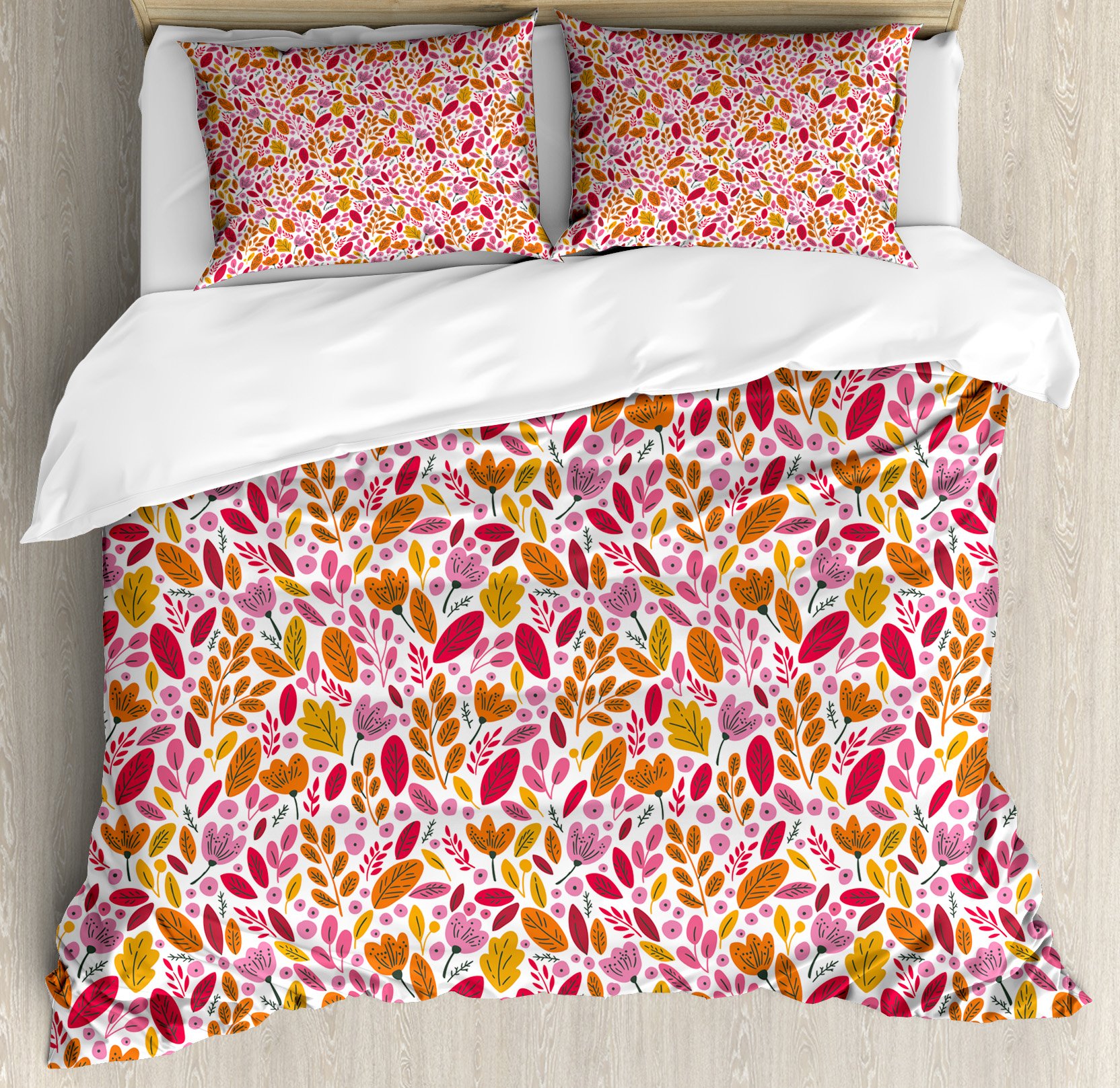 Ambesonne Nature Duvet Cover Set - Colorful Foliage Flowers & Rustic Branches Design, 3-Piece King Size Bedding Set with 2 Pillow Shams in Magenta Orange | Perfect for Seasonal Home Decor, Cozy Bedroom Upgrade & Farmhouse Style Interiors