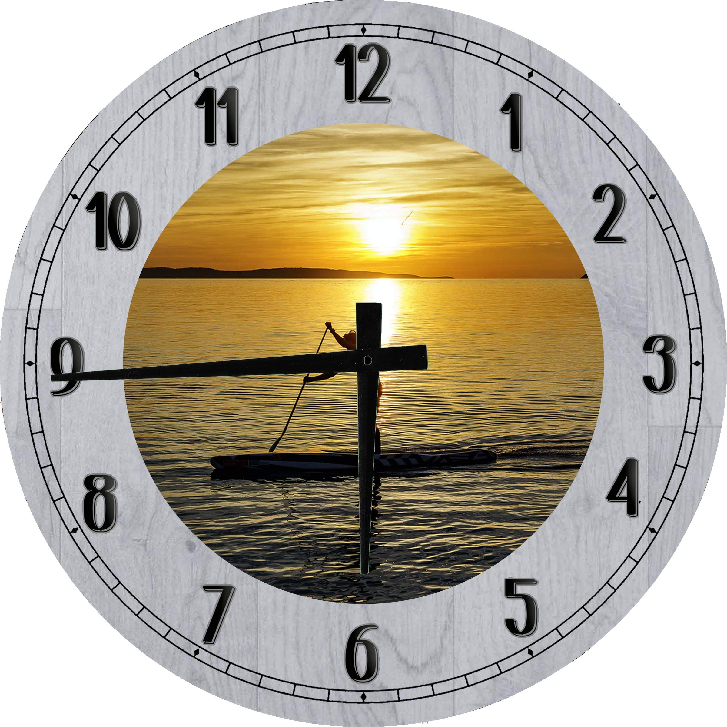 Orange Beach Wall Art - Large 12 Inch Round Wood Wall Clock Decor in Gray - Perfect for Dining Room, Living Room & Coastal Home Decor