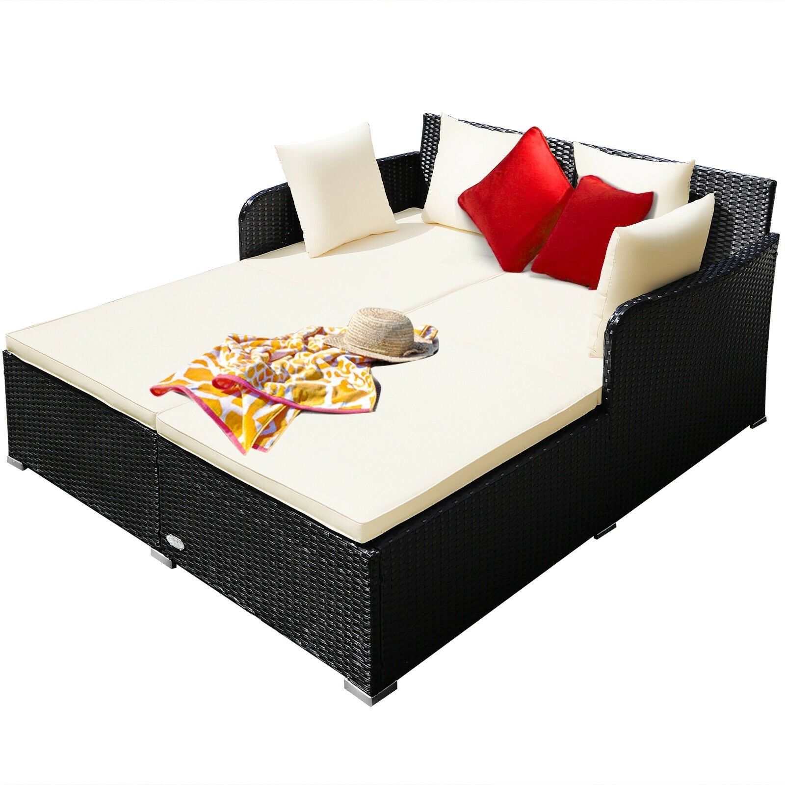 Premium White Outdoor Rattan Daybed with Plush Upholstered Cushions & Pillows - Perfect for Patio, Poolside, or Garden Relaxation