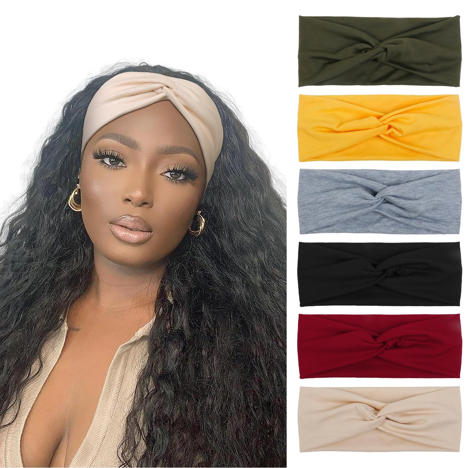 TERSE 6 Pack Non-Slip Wide Headbands for Women - Fashion Hair Bands for Workout, Yoga, Running & Sports - Soft Stretch Head Wraps for All-Day Comfort