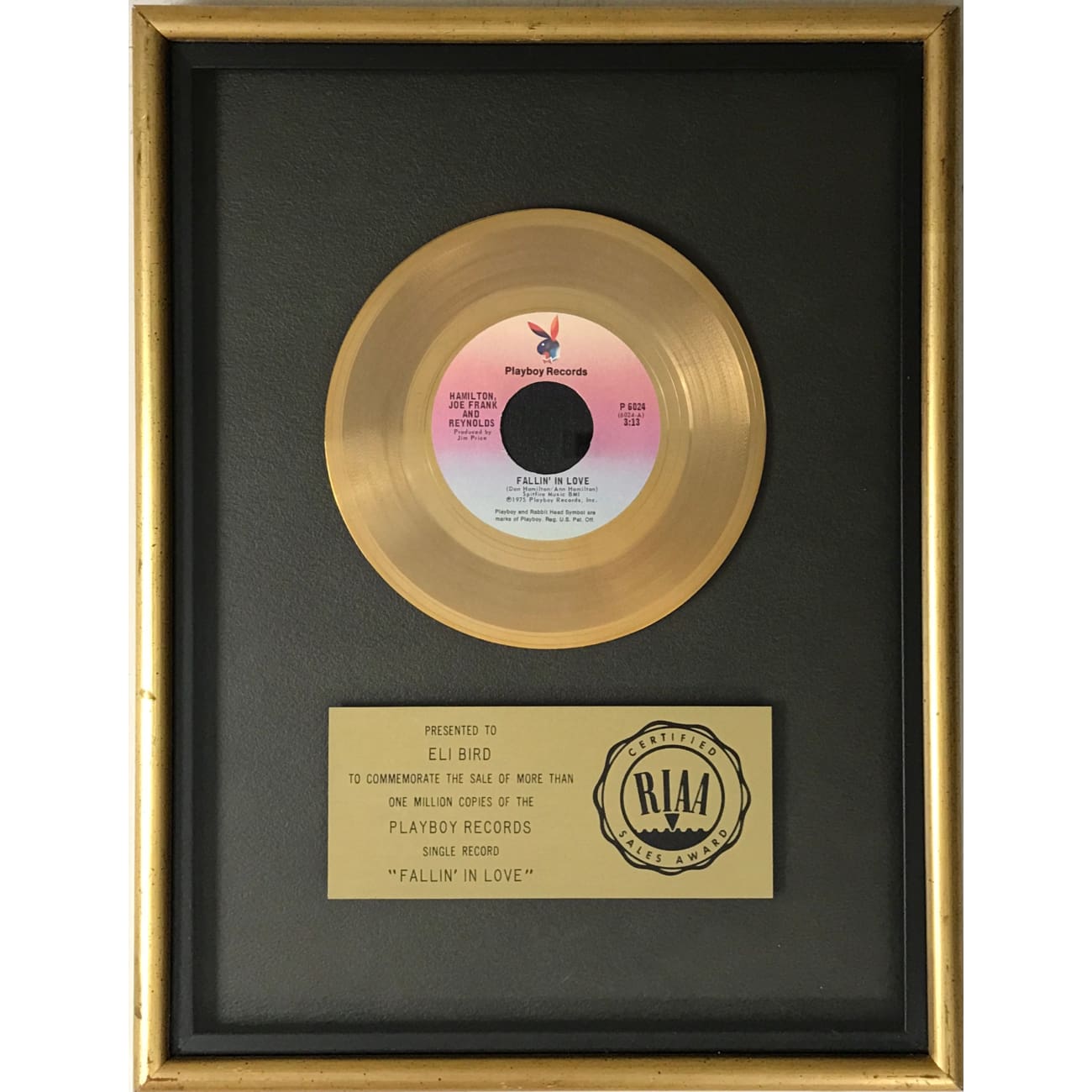 Vintage Hamilton Joe Frank & Reynolds Fallin' In Love RIAA Gold Single Award - Classic 70s Music Memorabilia for Collectors & Music Enthusiasts - Perfect for Display in Home, Office or Music Room