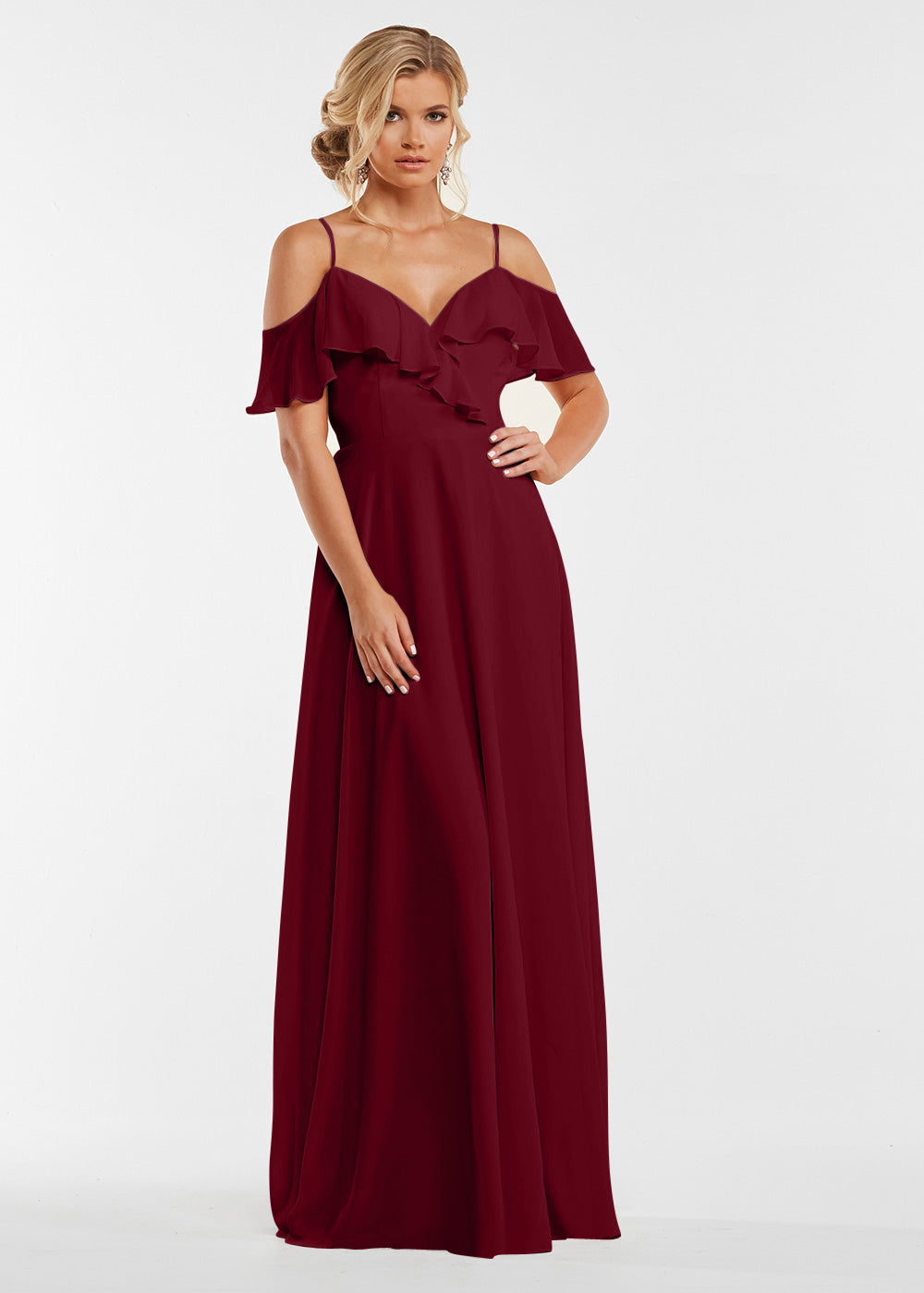 Elegant 83013 Stretch Chiffon Off-The-Shoulder A-Line Bridesmaid Dress with Ruffles - Perfect for Weddings, Prom, Formal Events & Special Occasions