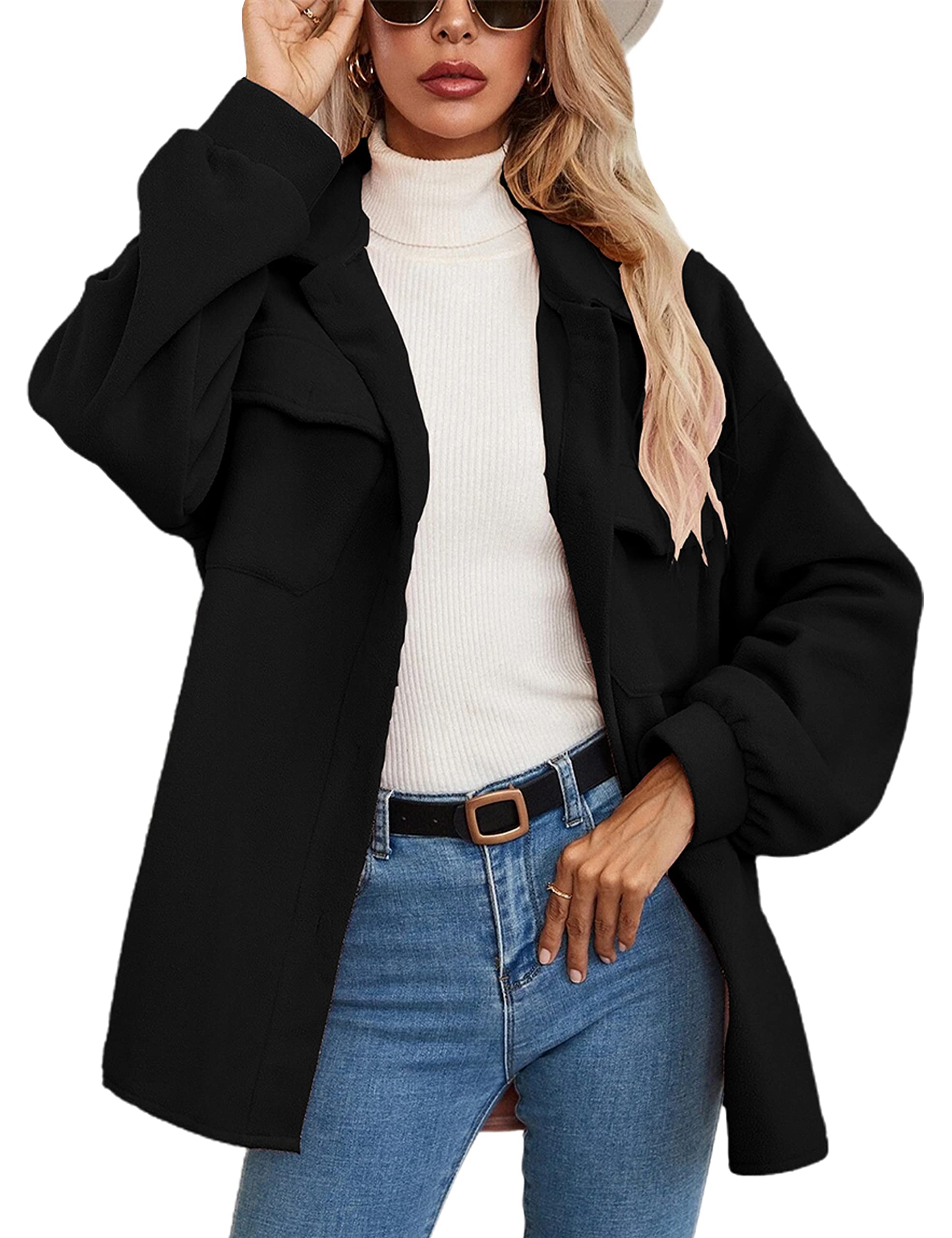 Yidarer Women's Long Fleece Jacket - Drop Shoulder Casual Shacket with Lapel & Button Down Design, Pockets | Warm Winter Outerwear for Everyday Wear, Work, and Outdoor Activities
