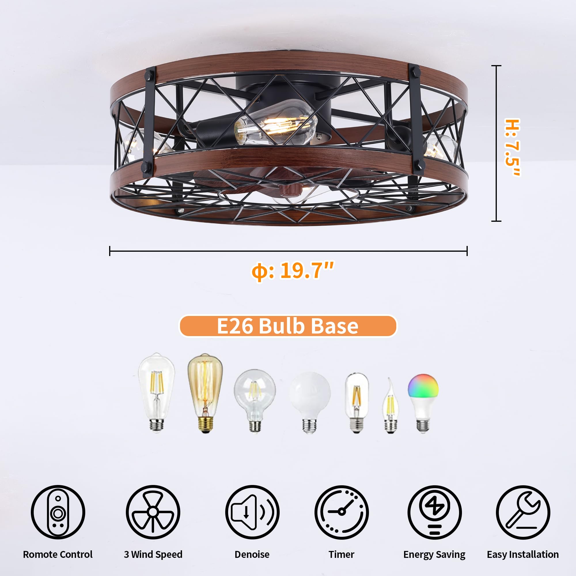 REDSTAR Retro Small Ceiling Fan with Light & Remote Control - Flush Mount Low Profile Caged Ceiling Fan for Bedroom, Living Room, Kitchen - Energy Efficient & Quiet Operation (Black)