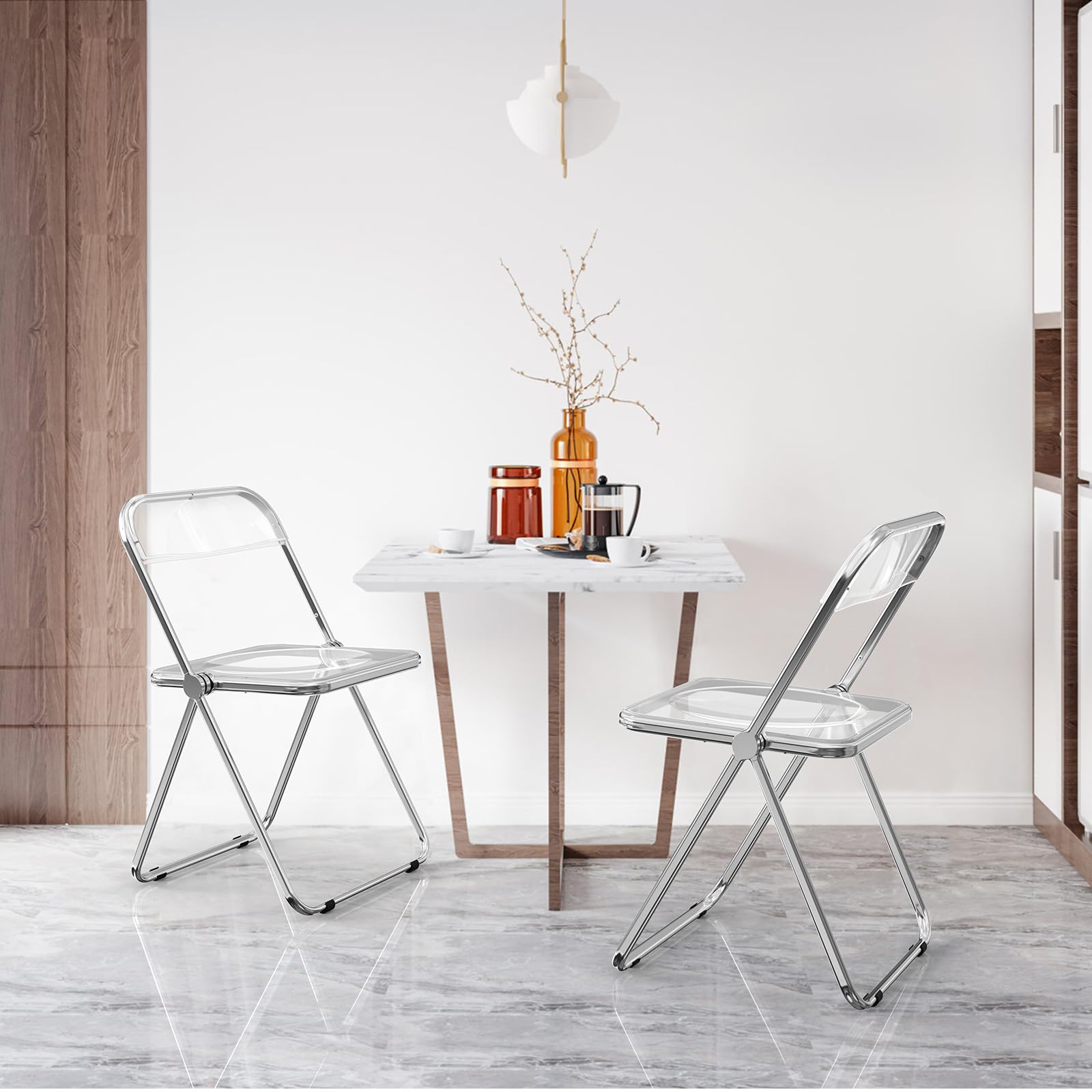 VINGLI 2 Pack Clear Acrylic Folding Chairs - Stackable Plastic Chairs with Metal Chrome Frame, 350 lbs Weight Capacity - Perfect for Weddings, Parties, Events & Outdoor Gatherings