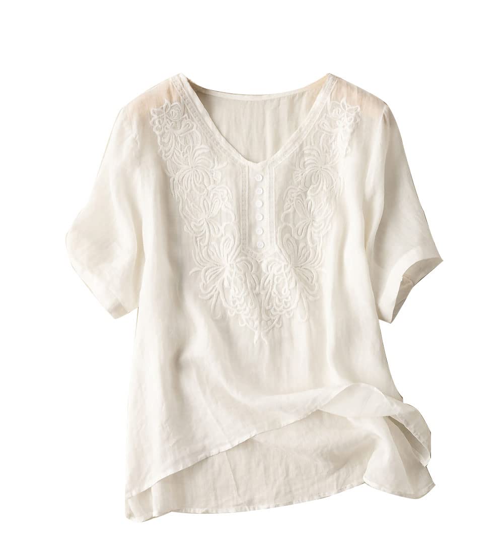 Mywinway Women's Embroidered Cotton Linen Tunic Top - V-Neck Summer Blouse for Casual Wear, Office & Vacation Outfits