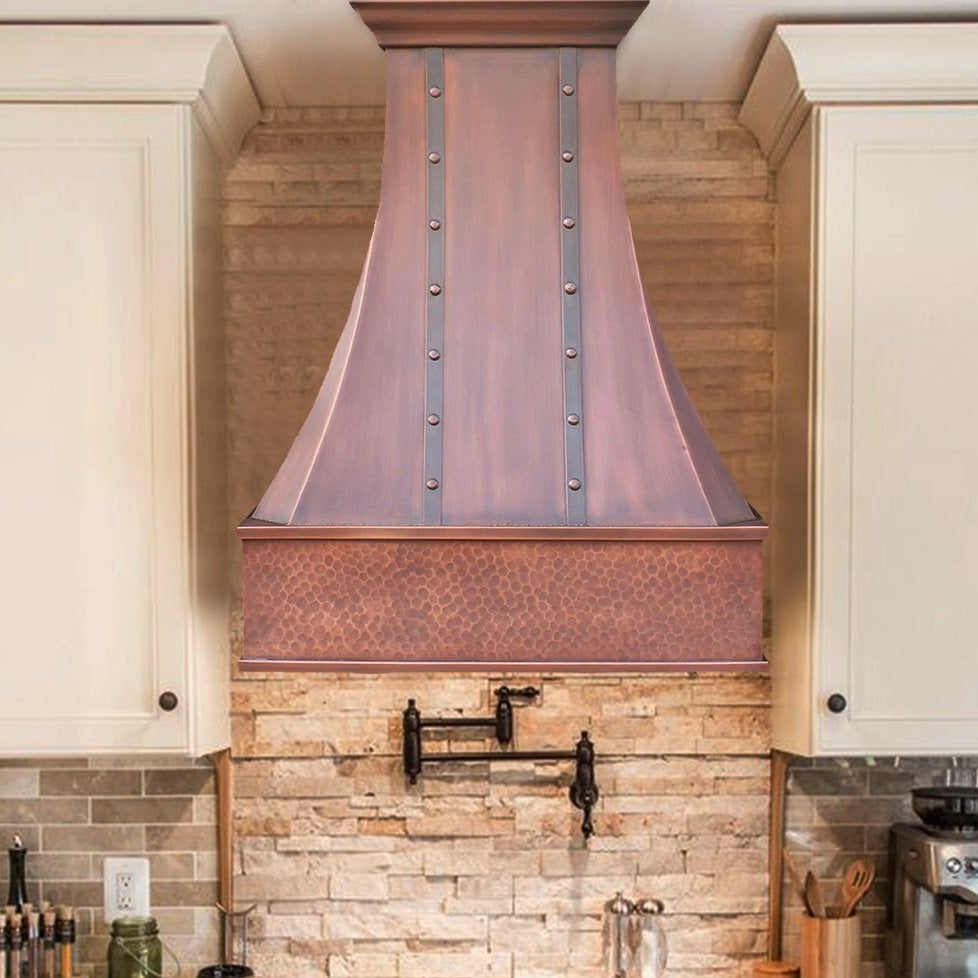 Custom Farmhouse Copper Range Hood with Decorative Bands & Hammered Apron - Rustic Kitchen Ventilation for Julia | Perfect for Country Style Kitchens & Open Concept Homes