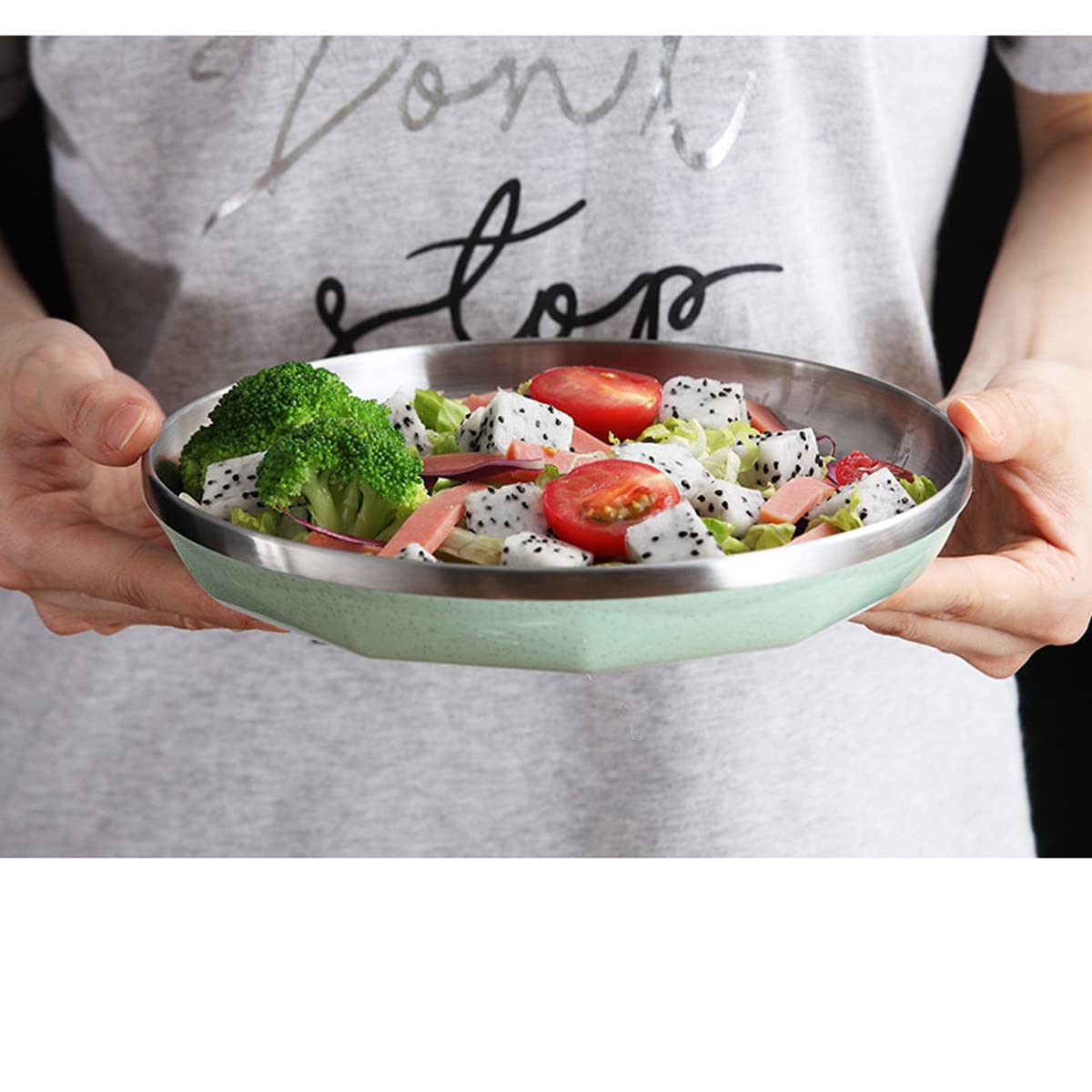 2-Piece 18/8 Stainless Steel Plates - 8.5 Inch 304 Metal Dinner Plates for Adults, Deep Dish Camping & Serving Plates in Green - Reusable, Dishwasher Safe - Perfect for Outdoor Picnics, Camping Trips & Durable Everyday Use