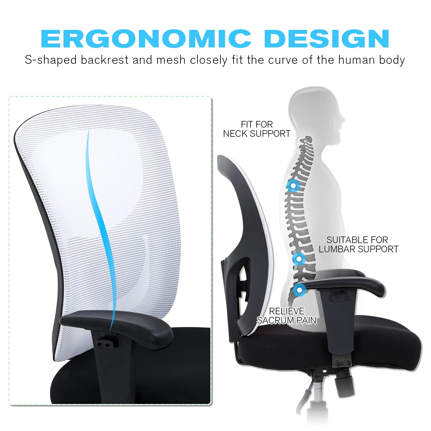 HCY Big and Tall Office Chair - 400 lbs Weight Capacity Ergonomic Mesh Computer Desk Chair with Adjustable Height, Lumbar Support & Wheels for Heavy People - Perfect for Home Office, Gaming & Workspaces (White)
