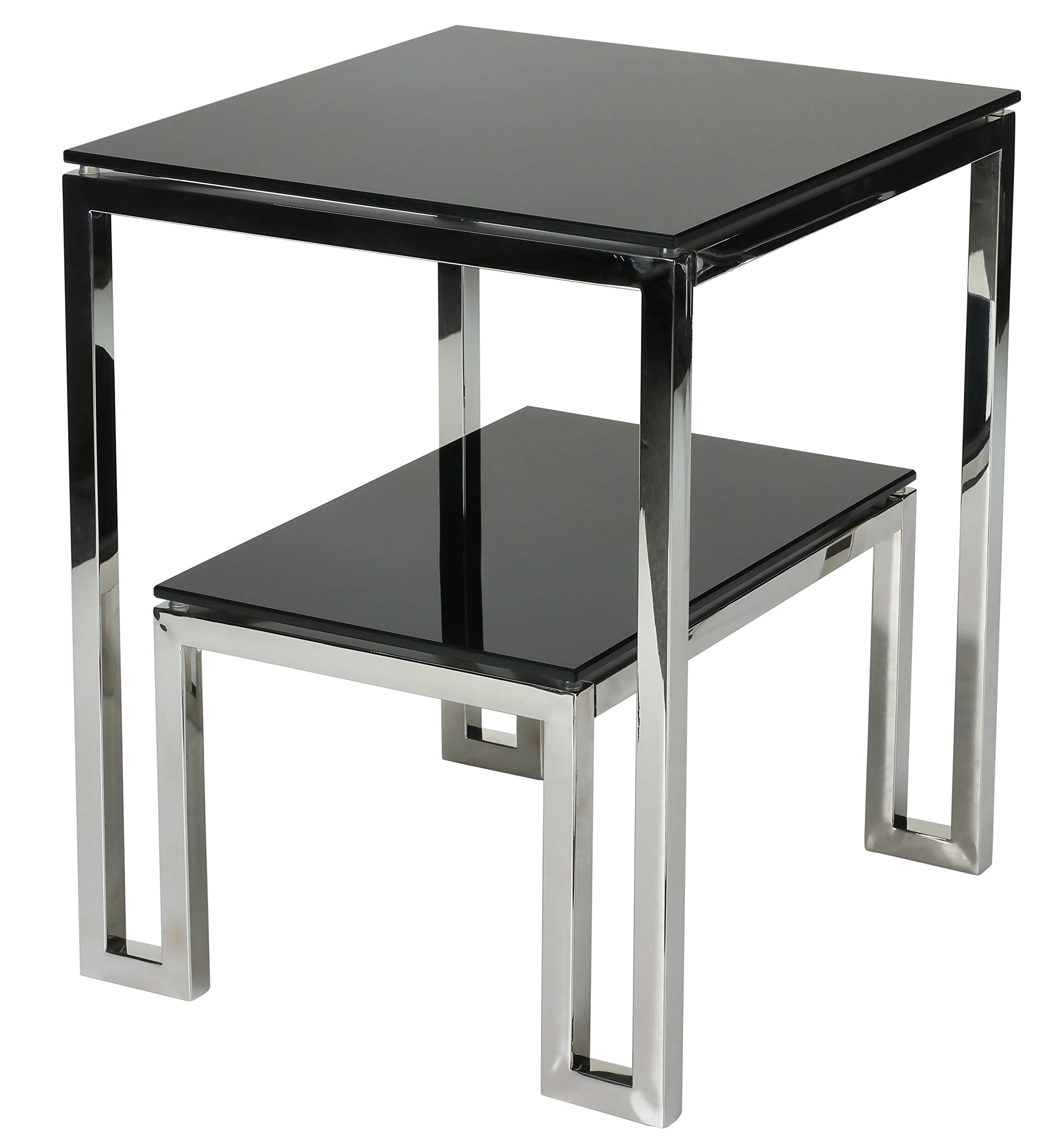 Cortesi Home Adina Two-Tier Black Glass End Table - Modern Nightstand for Living Room, Bedroom & Office - Stylish Side Table with Storage Shelf