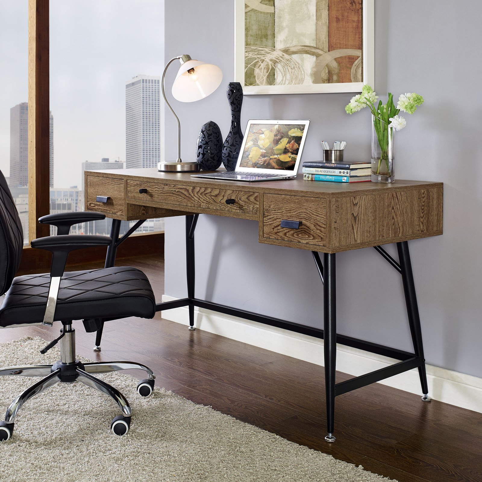 Modway Surplus Wood Grain & Metal Writing Office Desk with Storage Drawers - Walnut Finish | Modern Home Office & Study Desk for Work & Remote Learning