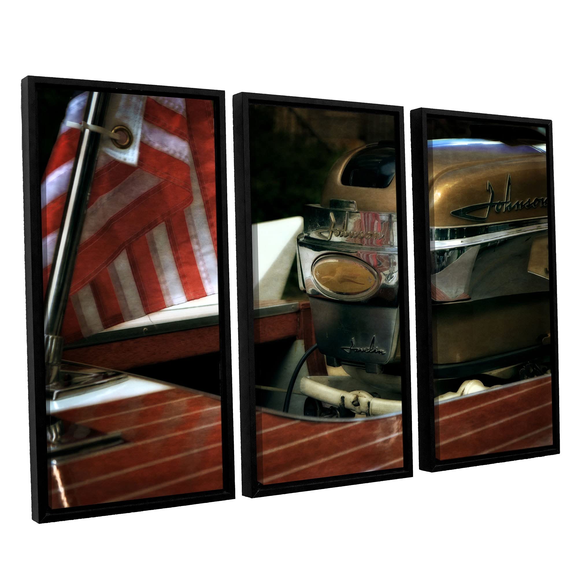 ArtWall Kevin Calkins 'Chris Craft and Old Glory' 3-Piece Floater Framed Canvas Wall Art Set - 24x36 Inches, Vintage Boat & American Flag Decor for Living Room, Bedroom, or Office