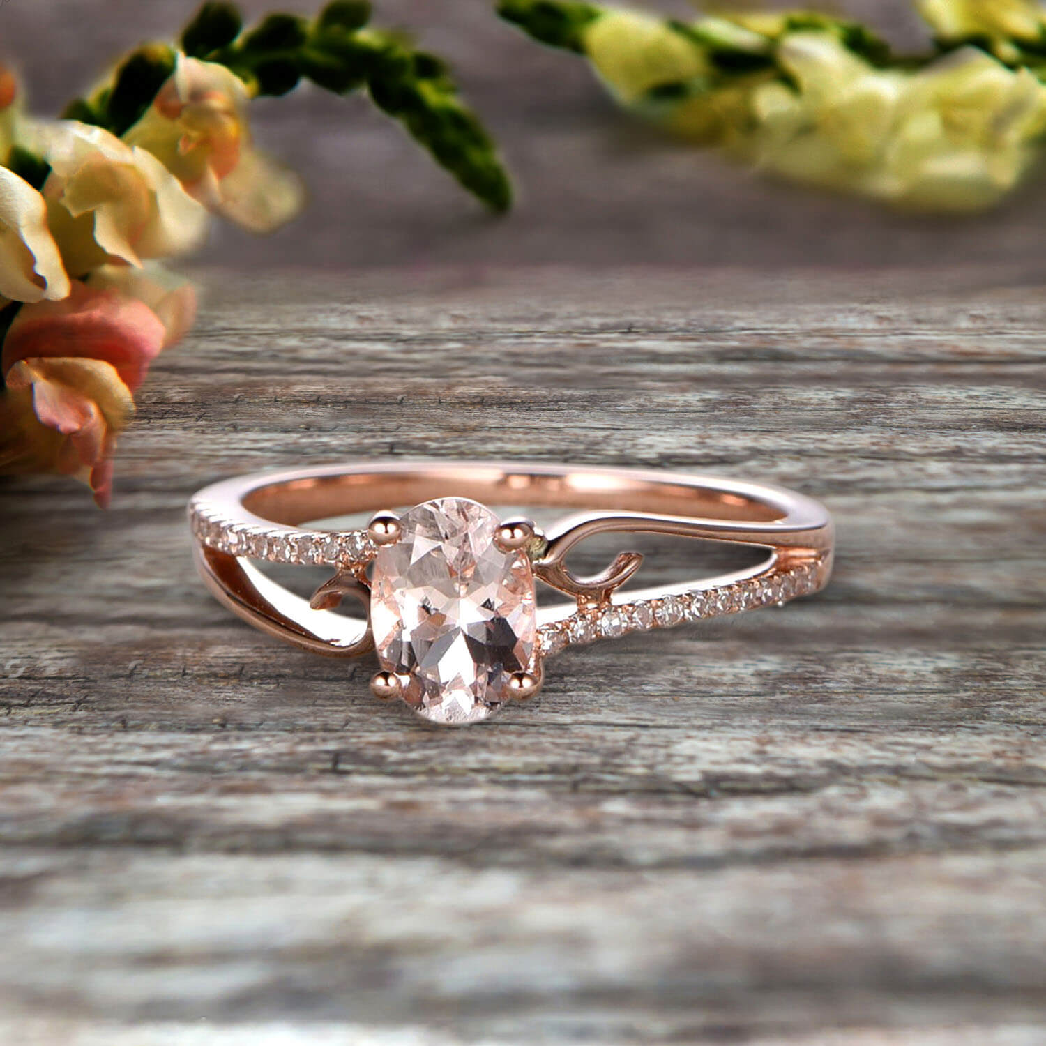 1.25 Carat Oval Cut Morganite Engagement Ring & Wedding Band in 10k Rose Gold with Shining Split Shank - Perfect for Proposals, Anniversaries & Bridal Jewelry