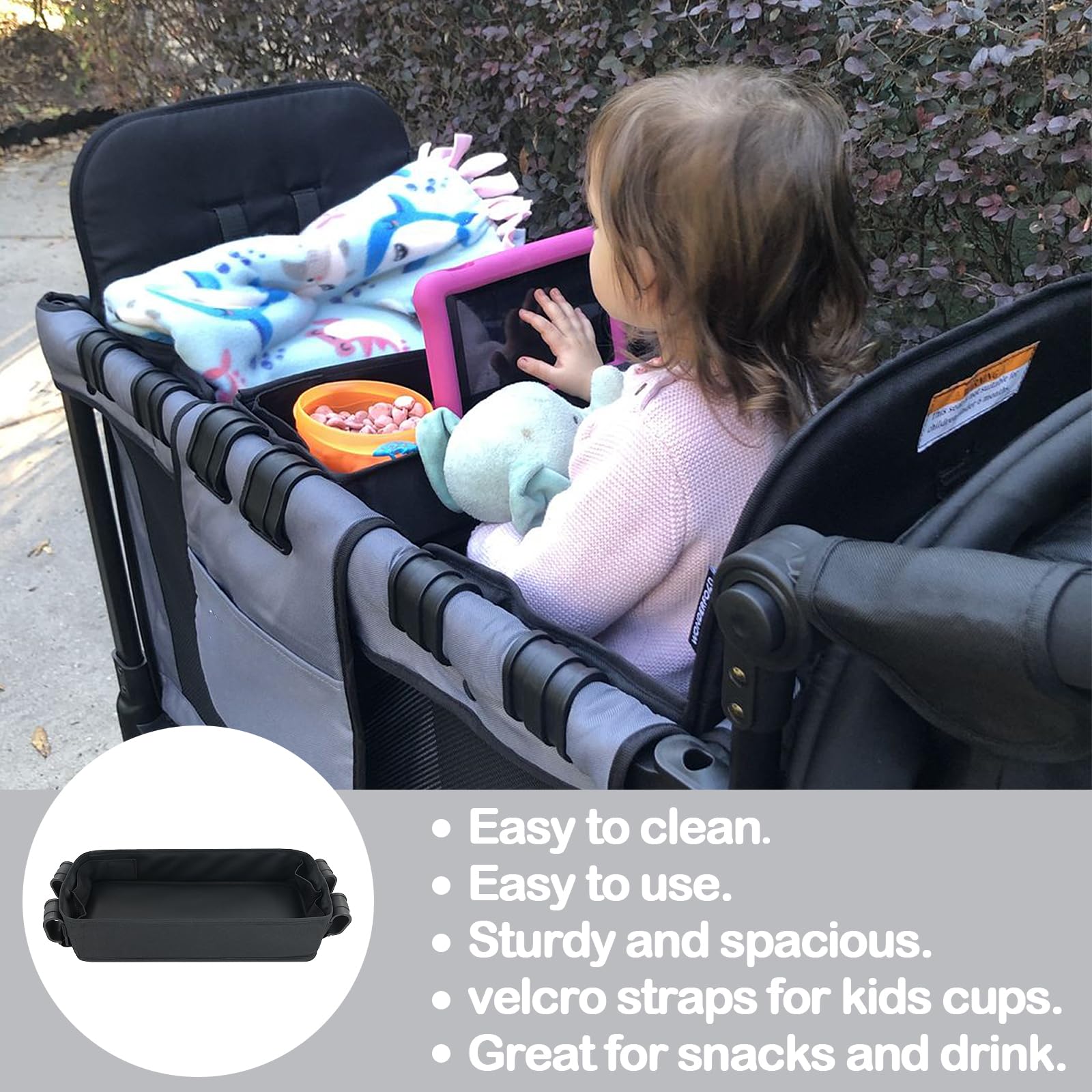 Wonderfold Wagon W4 Series Stroller Snack Tray - Waterproof Kids Accessory with Faux Leather Sides, 4 Cup Holders for Snacks & Drinks - Perfect for Outdoor Adventures, Park Visits & Family Outings