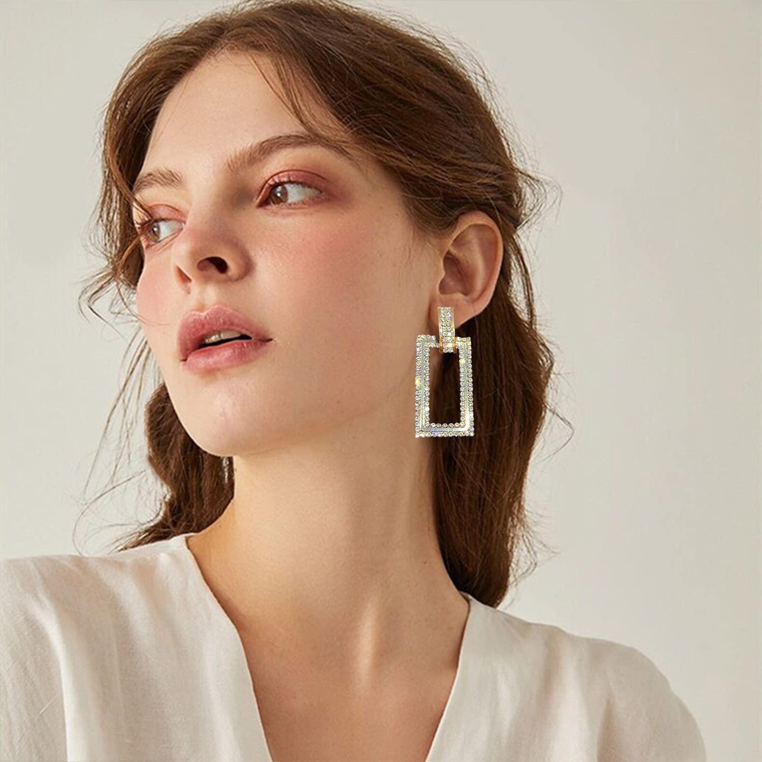 KaFu Fashion Statement Long Drop Earrings - Boho Large Metal Rectangle Geometric Dangle Earrings with Rhinestones - Elegant Women's Jewelry Gift for Parties, Weddings & Special Occasions