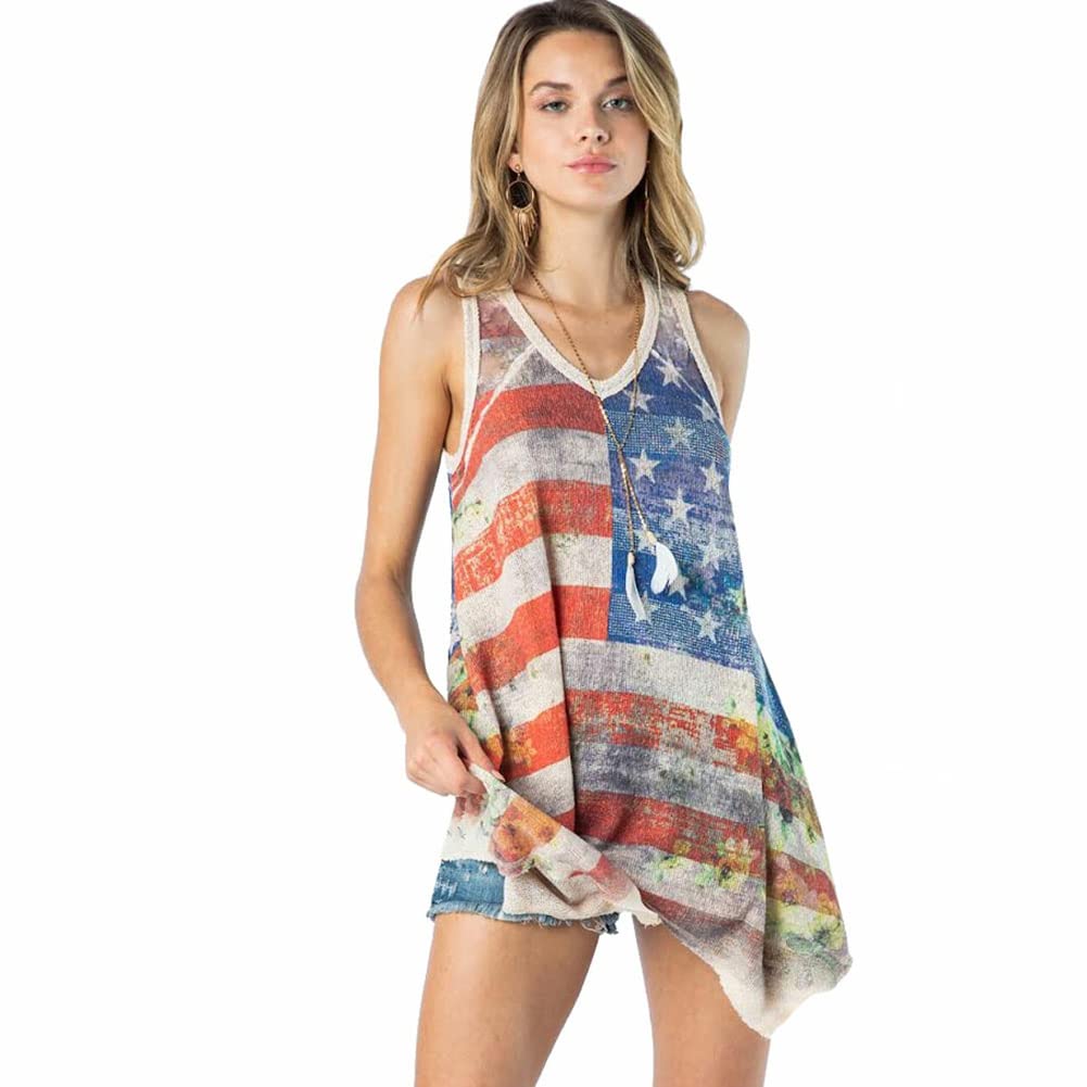 VOCAL Apparel Sublimation Flag Print Rhinestone Tunic Tank Top - Women's Fashion Blouse for Parties, Concerts & Patriotic Events