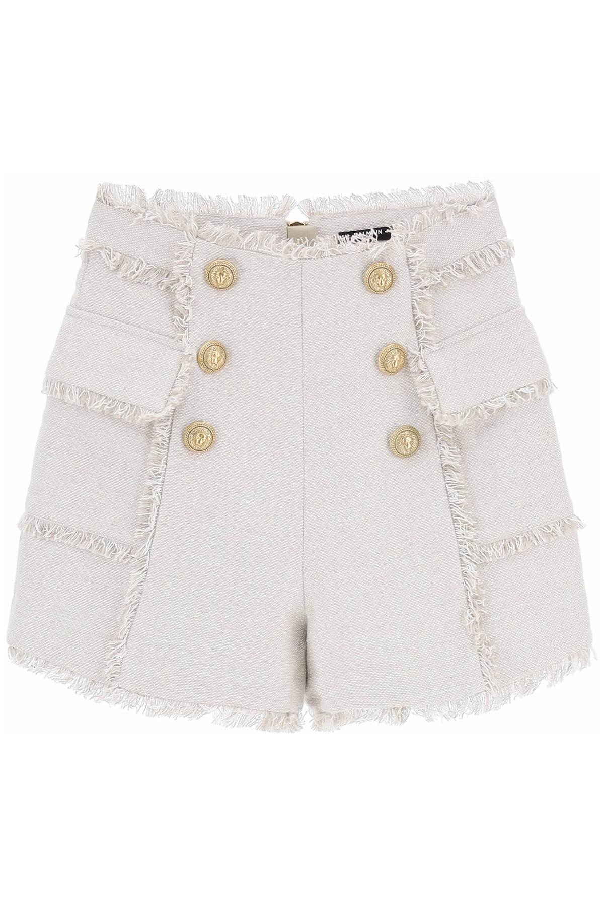 Balmain Frayed Linen Shorts with Gold Tone Buttons - Stylish Summer Casual Wear for Women | Perfect for Beach, Vacation & Everyday Outfits