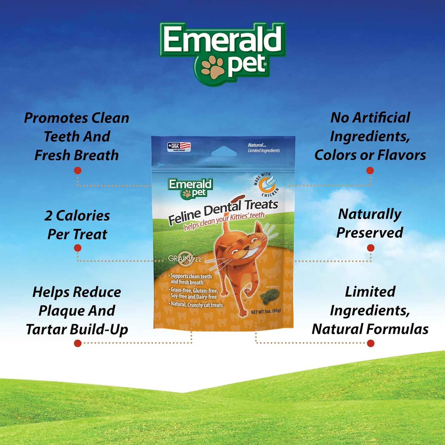 Emerald Pet Grain-Free Chicken Dental Cat Treats for Oral Health - Perfect for Cats with Sensitive Stomachs & Teeth Cleaning at Home