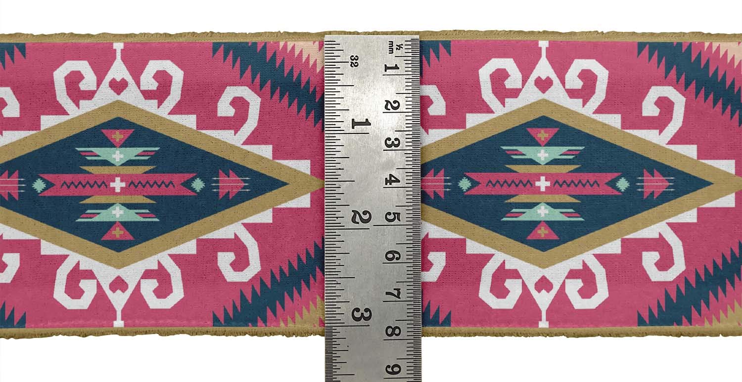9-Yard Dupion Fabric Laces with Pink Aztec & Ikat Kilim Print - 2-Inch Ribbon Trim for Sewing, Crafts, and DIY Accessories | Perfect for Home Decor, Fashion Projects, and Gift Wrapping