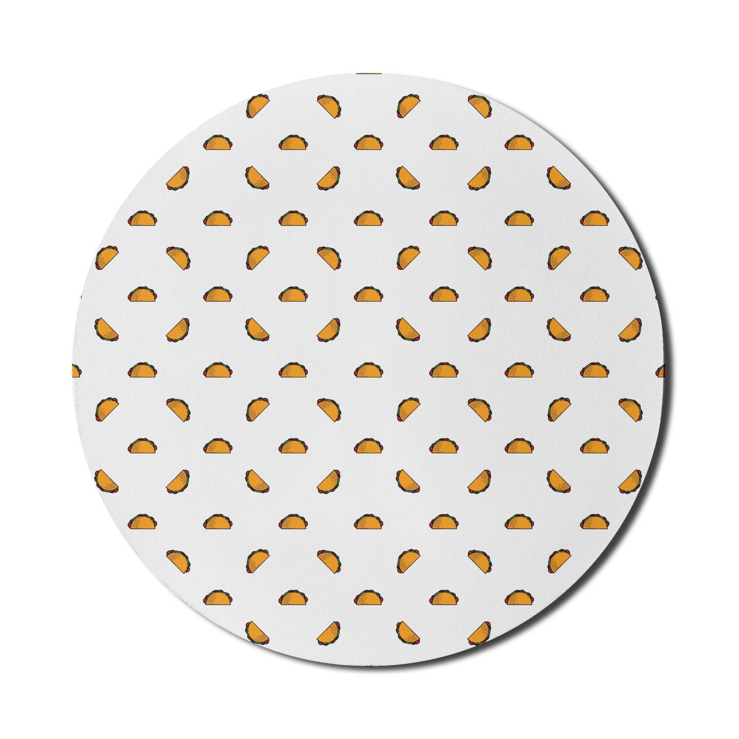 Ambesonne Non-Slip Round Gaming Mouse Pad - 8 Inch Mexican Taco Design with Veggie Tortilla Art, Thick Rubber Base for Computers & Office Use - Perfect for Gamers, Graphic Designers & Taco Lovers (Marigold White Vermilion)