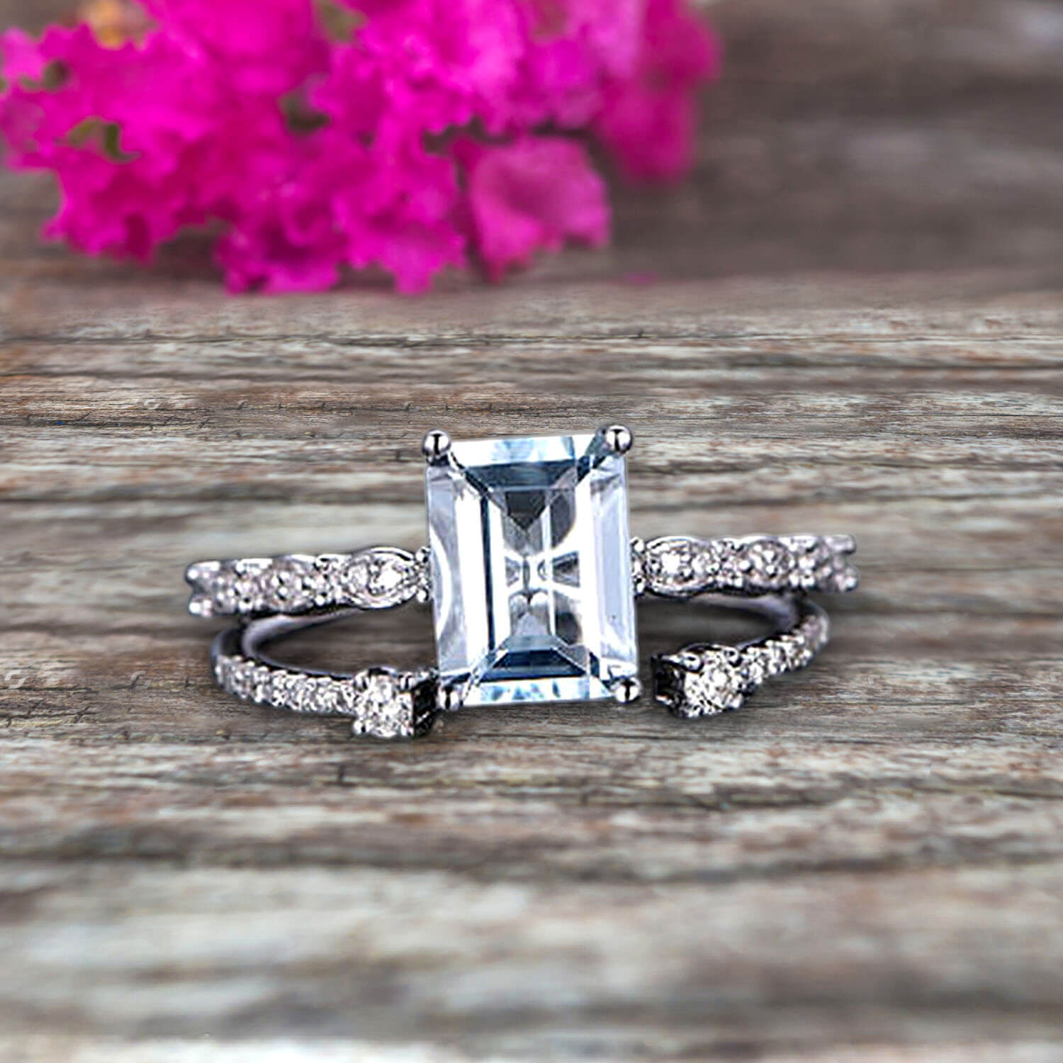 1.50 Carat Emerald Cut 10k White Gold Aquamarine Engagement Ring & Wedding Band Set - Perfect for Proposals, Anniversaries & Bridal Jewelry Gifts