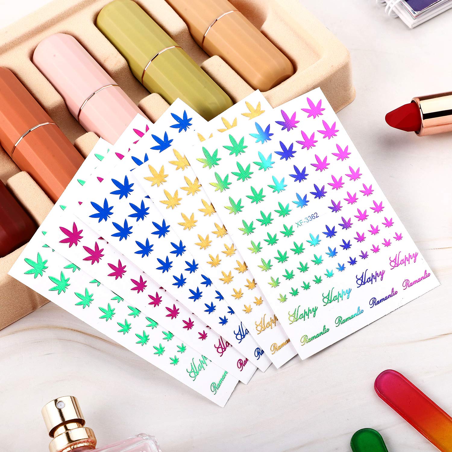 12 Sheets Pot Leaves Nail Stickers - Colorful Self-Adhesive Leaf Nail Decals for Women | Perfect for Fall Nail Art, Halloween Manicures & Nature-Inspired Nail Designs