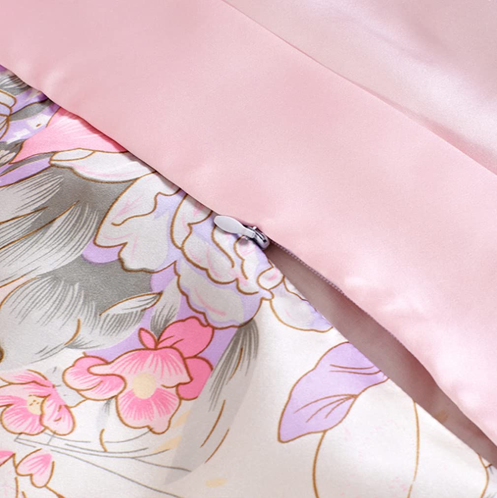 Maxfeel 100% Mulberry Silk Duvet Cover Set - Queen/King/Cal King Size Floral Print Charmuse Silk Bedding | Luxury Soft Comforter Cover for Master Bedroom, Guest Room & Hotel Use