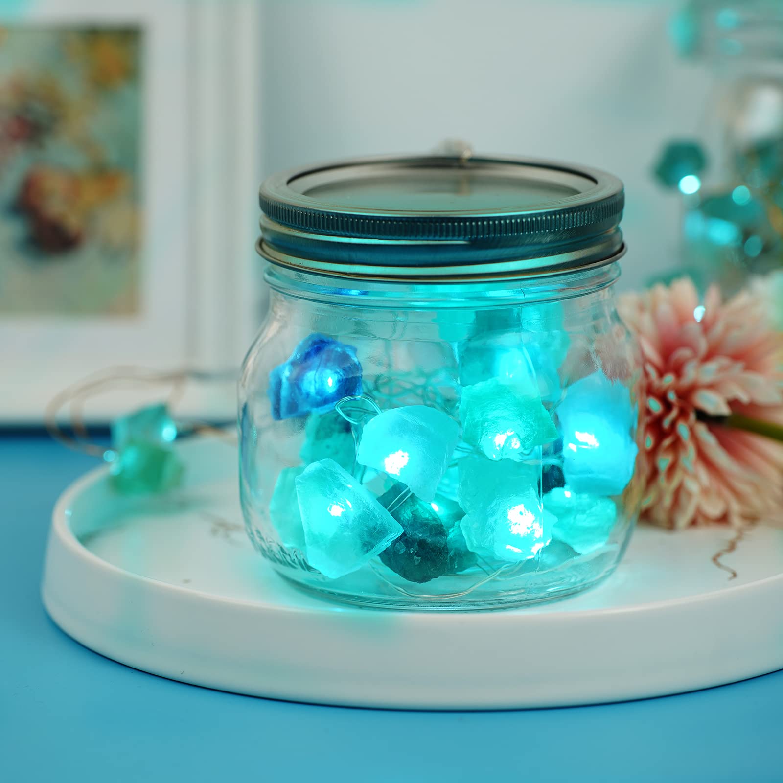 BOHON 20 LED Natural Fluorite & Sea Glass String Lights - 6.5ft Battery Operated with Remote Control - Raw Stone Decorative Lighting for Bedroom, Party, Indoor, Christmas & Wedding Decor - Perfect for Home Ambiance, Holiday Celebrations and Romantic Settings