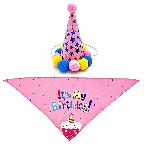 Pet Birthday Party Hat & Bandana Set - Cute Puppy Cat Costume Headwear for Dogs & Cats - Pink Birthday Decorations & Accessories for Boys & Girls - Perfect for Pet Birthday Parties & Photo Shoots