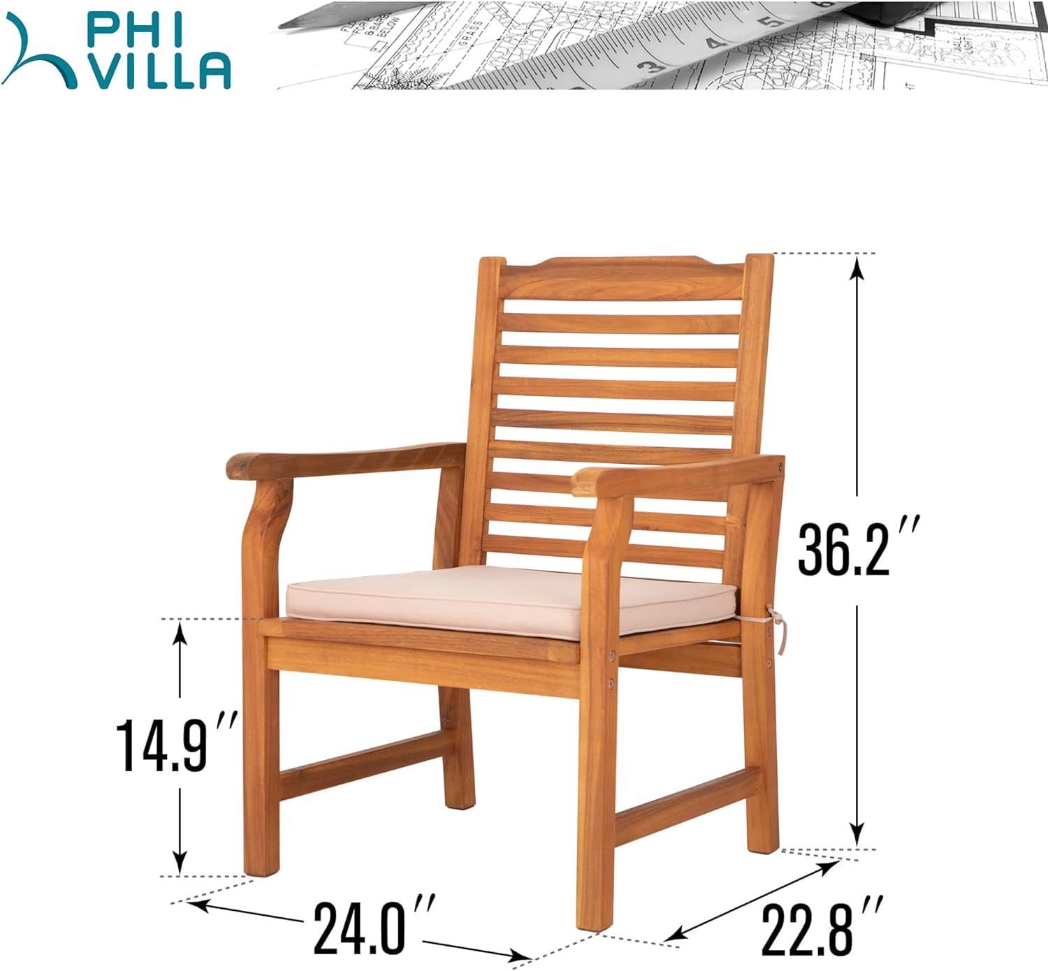 PHI VILLA 2-Piece Acacia Wood Outdoor Dining Chairs with Cushions - Patio Armchairs Set, Weather-Resistant Oil-Finished Wooden Chairs for Deck, Yard, Porch, Garden - Perfect for Outdoor Entertaining & Relaxation