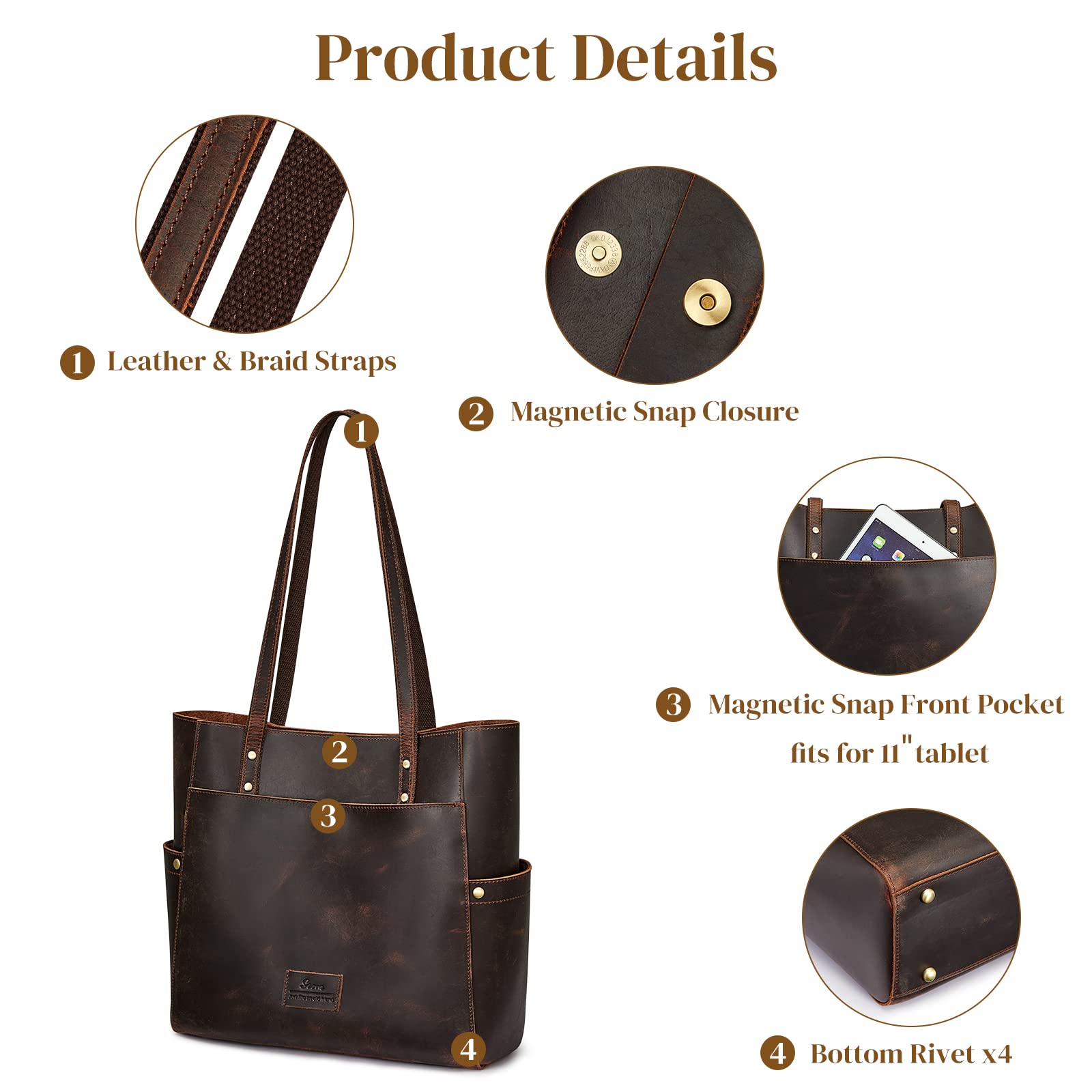 Genuine Leather Tote Bag for Women - Large Vintage Shoulder Purse - Work Bag, Office, Travel & Everyday Use