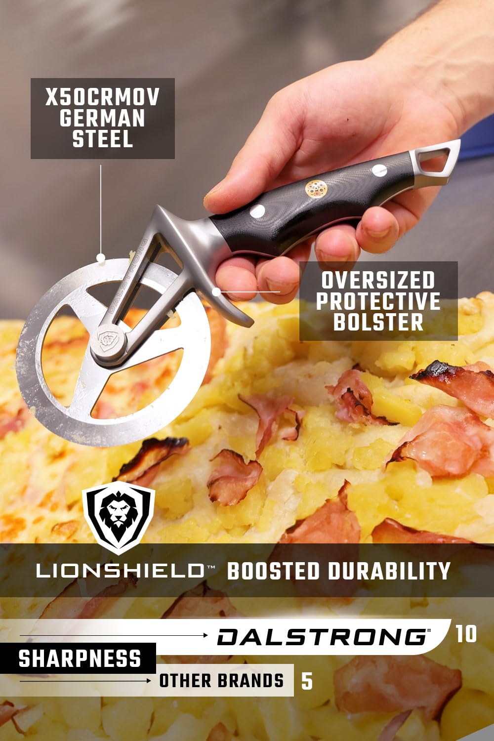 **Dalstrong Professional Pizza Wheel Cutter - Ultra Sharp High-Carbon Stainless Steel Blade with G10 Handle - Thumb Guard & Blade Cover - Perfect for Home Kitchens, Pizzerias & Catering**