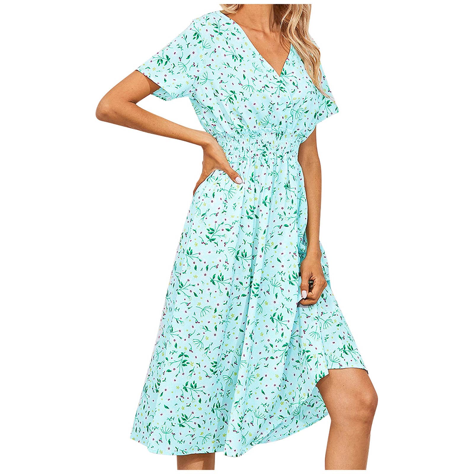 Women's Floral Summer Dresses - Short Sleeve Midi Dress with Shirred High Waist, A-Line Flowy Swing Beach Dress | Perfect for Vacation, Beach Outings & Casual Summer Wear