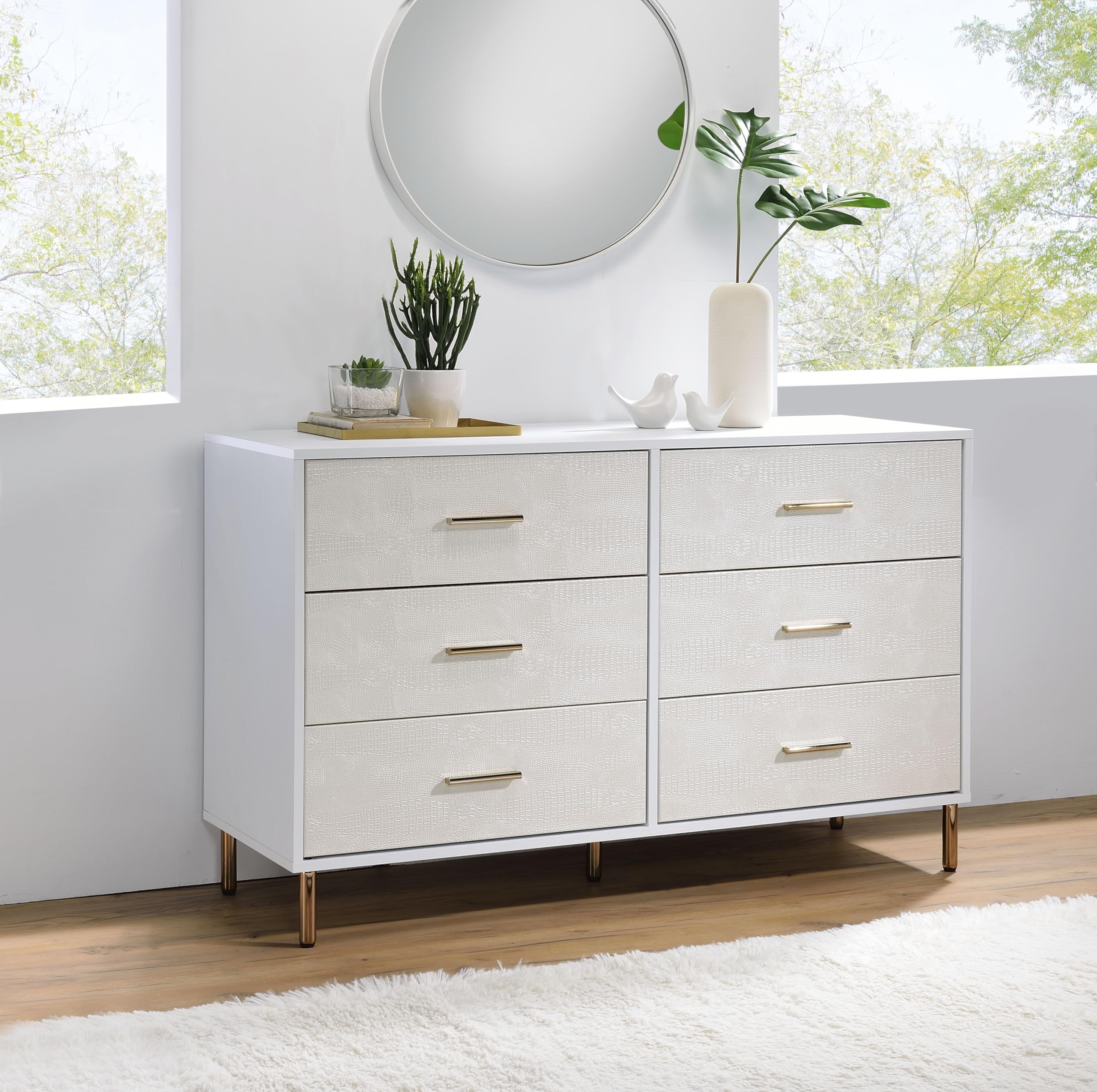 Acme Furniture 6-Drawer Solid Wood Dresser - White, Champagne & Gold Finish - Perfect for Bedroom, Nursery or Closet Organization