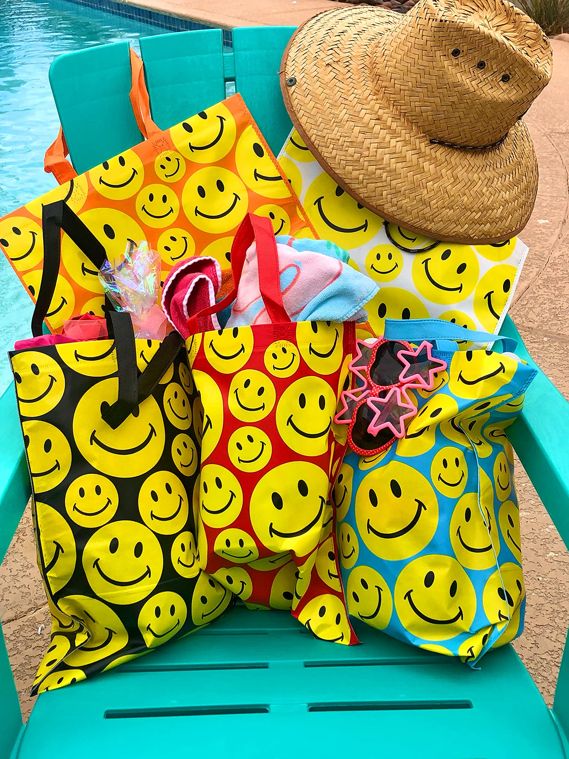 Funiverse Bulk 25 Pack Happy Smile Face Reusable Shopping Totes & Gift Bags - Eco-Friendly Grocery Bags for Shopping, Parties, and Gifting