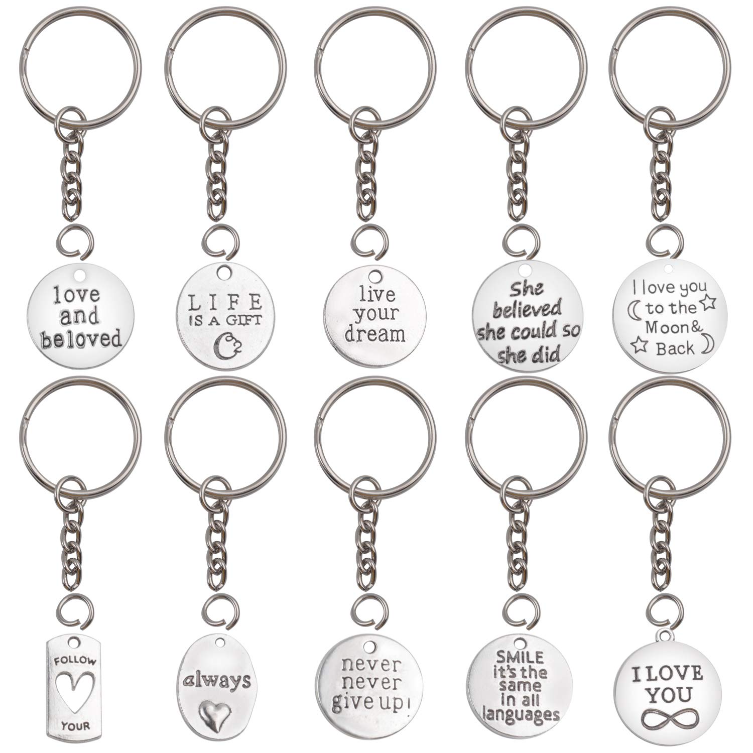 10-Piece Metal Key Ring Set with Charms - DIY Keychain Gifts for Home & Office