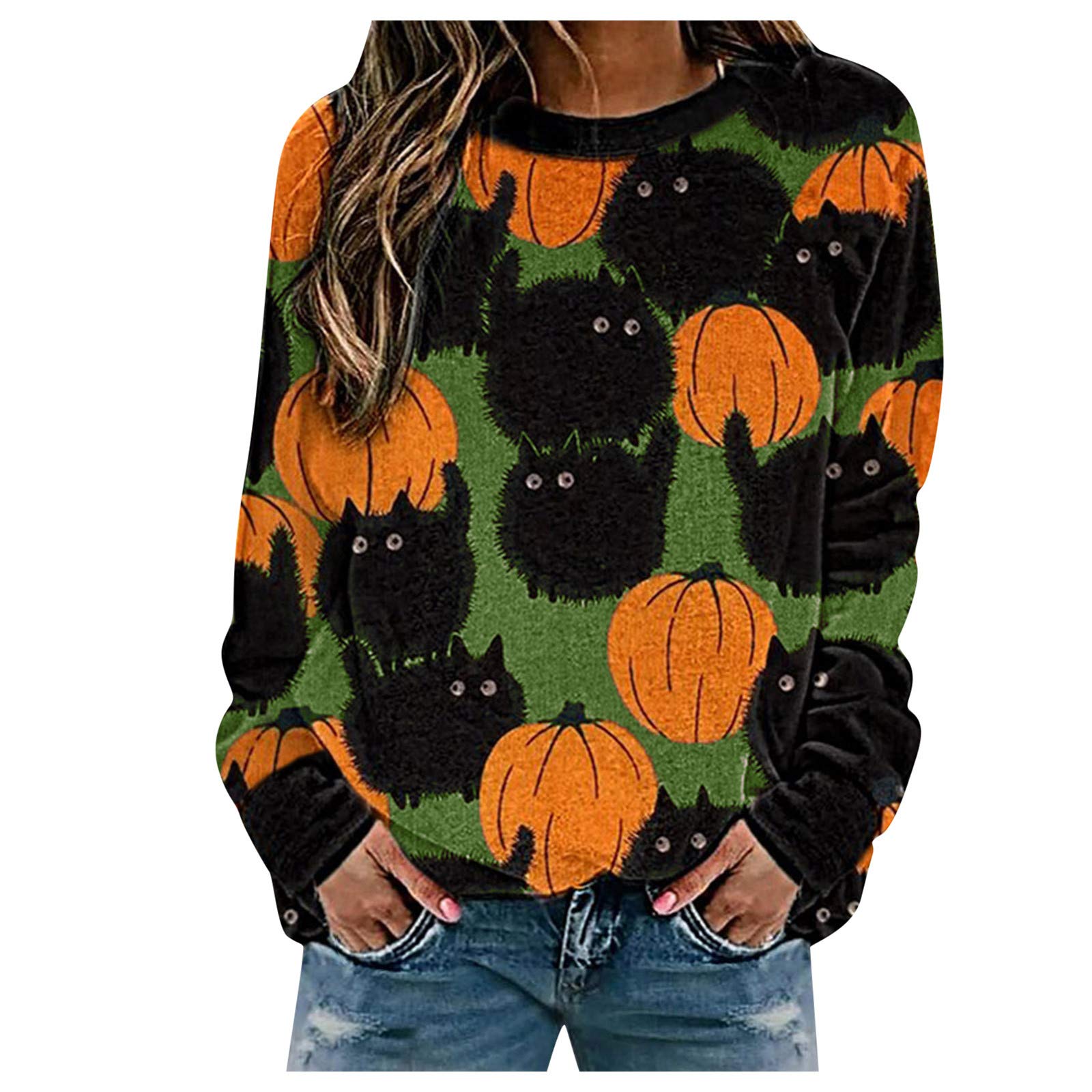 Women's Halloween Pumpkin Graphic Sweatshirt - Soft Comfy Long Sleeve Pullover Round Neck Loose Fit T-Shirt | Perfect for Fall Festivals, Pumpkin Patch Visits & Spooky Season Outfits