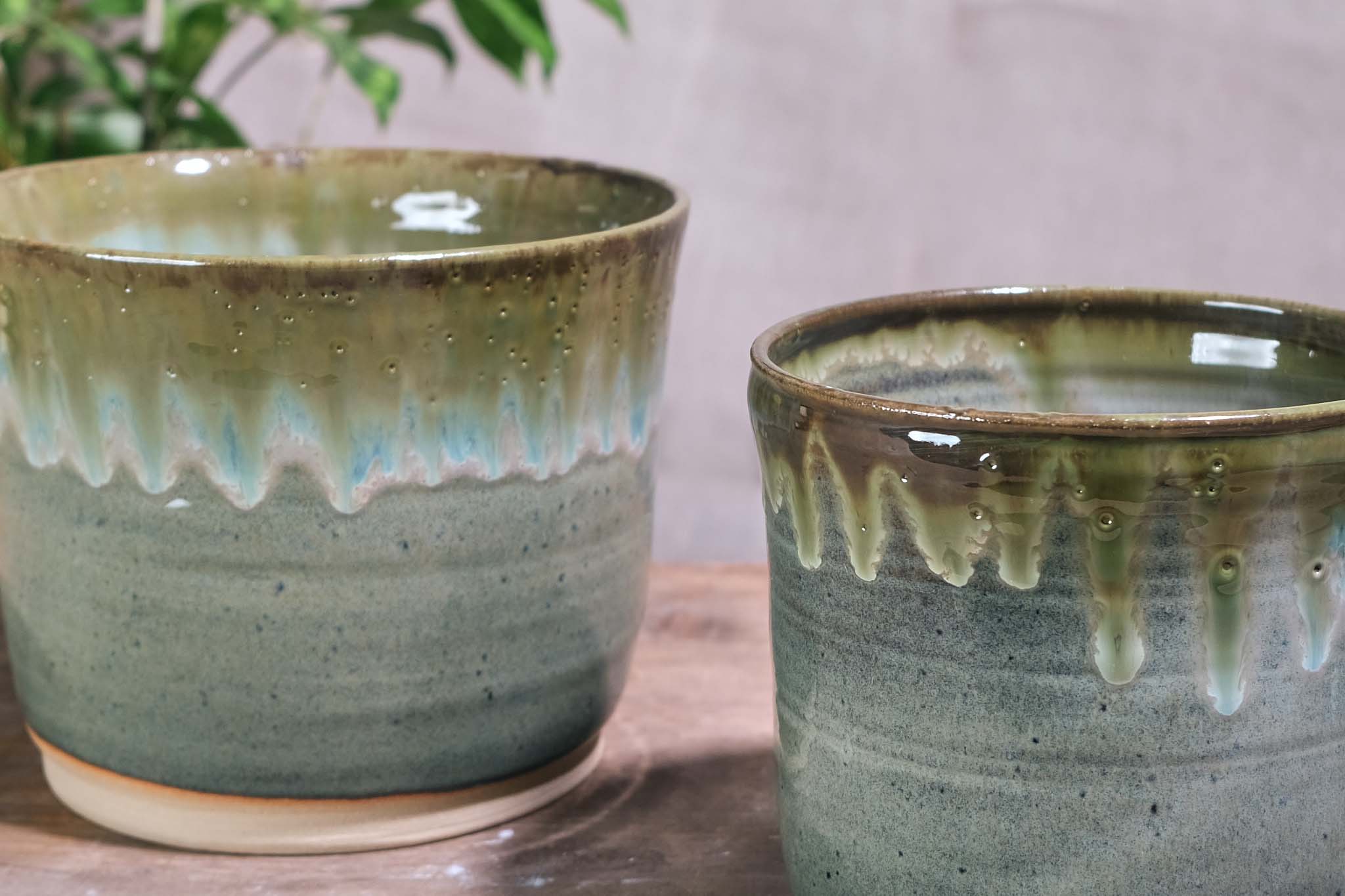 Handmade Ceramic Pot with Green Drip Glaze - 14cm & 17cm Diameter - Perfect for Home Decor, Planters, or Unique Gift Ideas