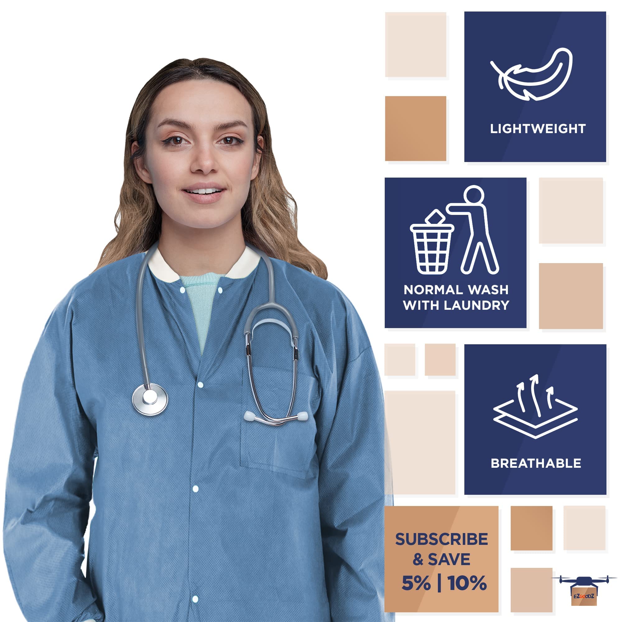EZGOODZ Disposable Lab Coat - 29 Inch Length, Ceil Blue, Pack of 100 - SMS 50 GSM Unisex PPE Workwear with Snap Front, Knit Cuffs & 3 Pockets - Ideal for Medical Labs, Cleanrooms, Food Processing & Industrial Safety