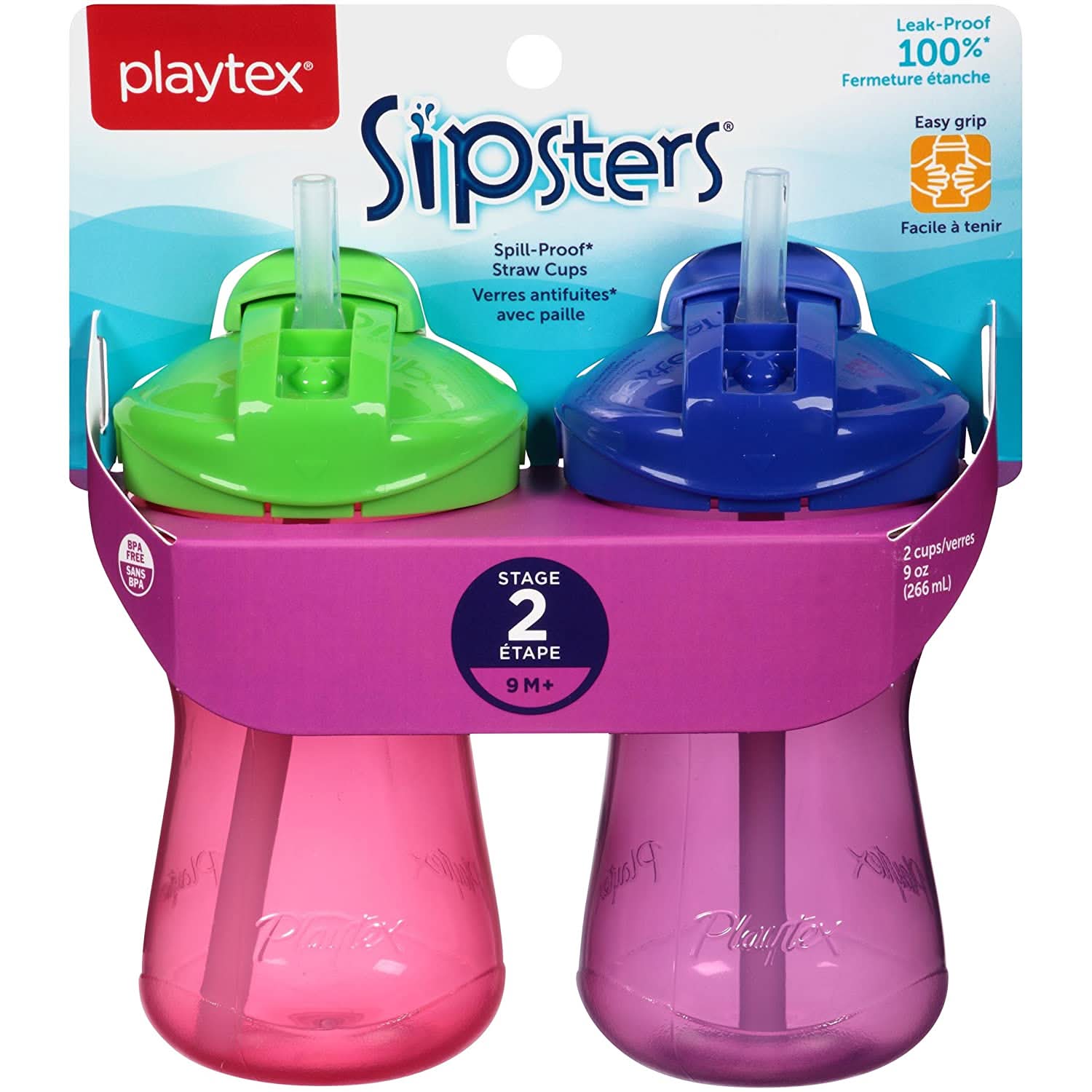 Playtex® Stage 2 Straw Cup 2-Pack - Green & Blue Spill-Proof Sippy Cups for Toddlers | Ideal for Daycare, Travel & Learning Independent Drinking