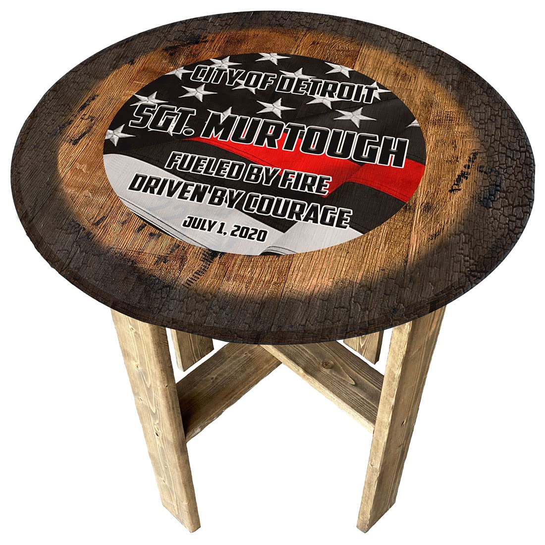 American Flag Wooden Whiskey Barrel End Table - Rustic Farmhouse Decor, Patriotic Red Line Flag Design - Perfect for Living Room, Man Cave, or Outdoor Patio