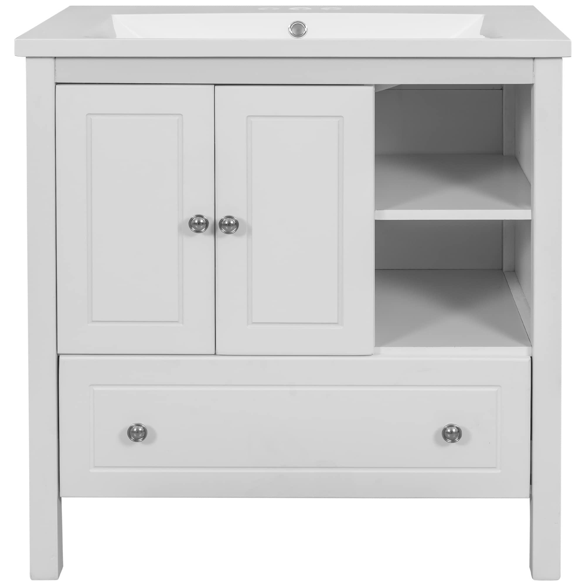 30 Inch Modern White Bathroom Vanity with Ceramic Sink Top - Bathroom Cabinet with Drawers & Shelves - Perfect for Small Bathrooms & Powder Rooms