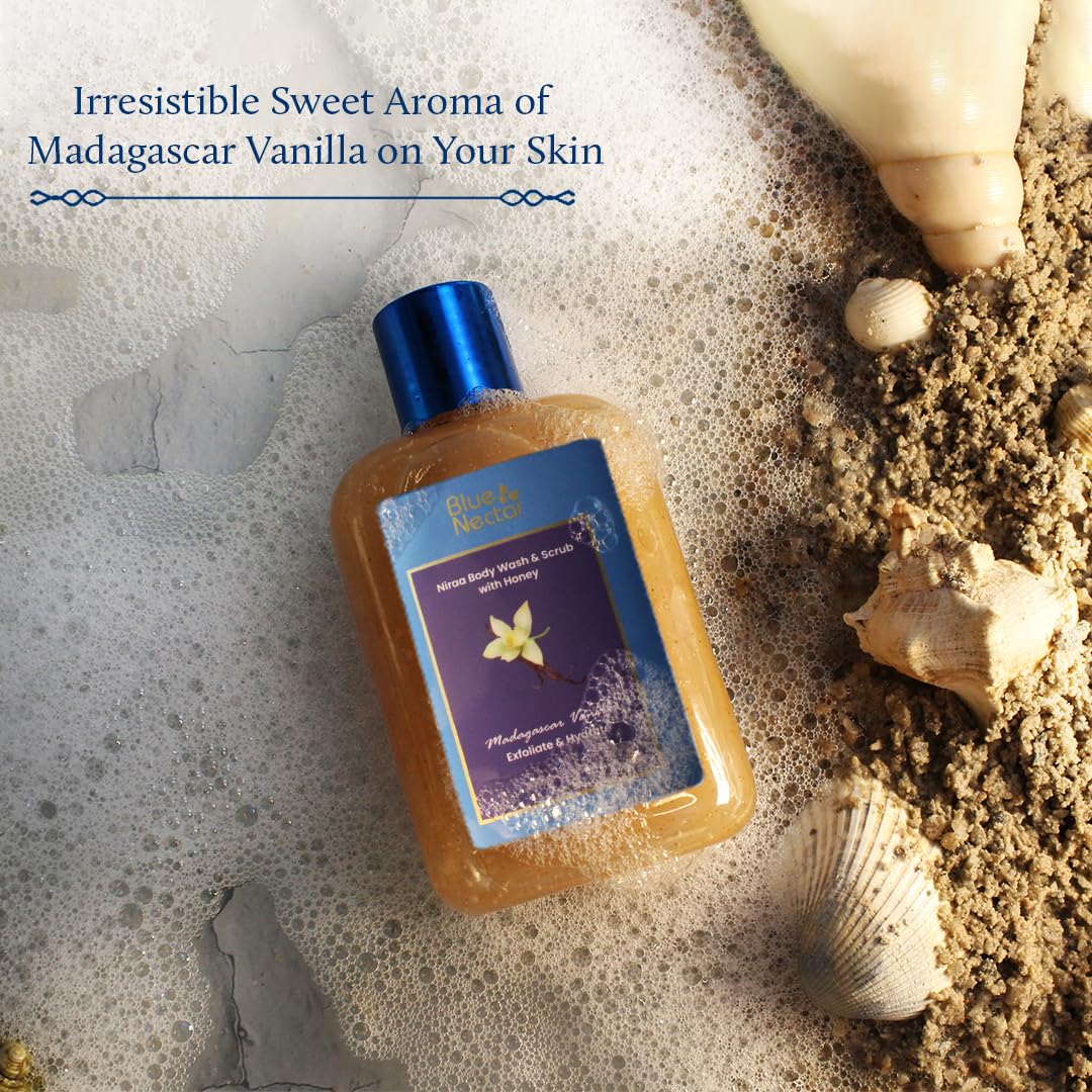 Blue Nectar Exfoliating Body Wash & Scrub for Rough & Bumpy Skin - Madagascar Vanilla Tan Removal Body Scrub with 10 Herbs for Women & Men (250ml) | Perfect for Dry Skin Care & Post-Sun Exfoliation