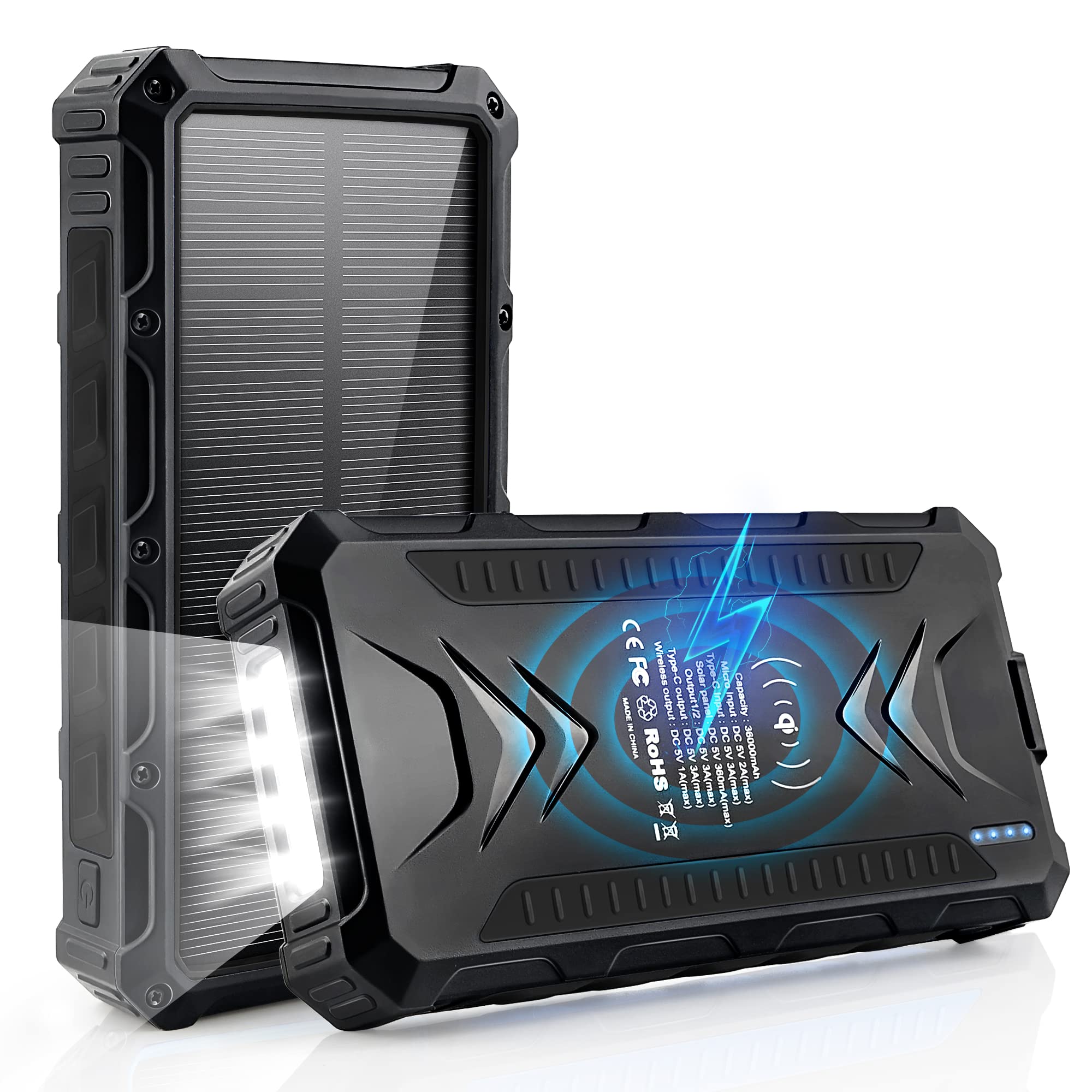 36000mAh Solar Power Bank with Qi Wireless Charging | IP66 Waterproof Portable Charger | Dual USB 15W Fast Charging | Built-in Flashlight | Perfect for Camping, Hiking, Emergency Power & Outdoor Adventures (Black)