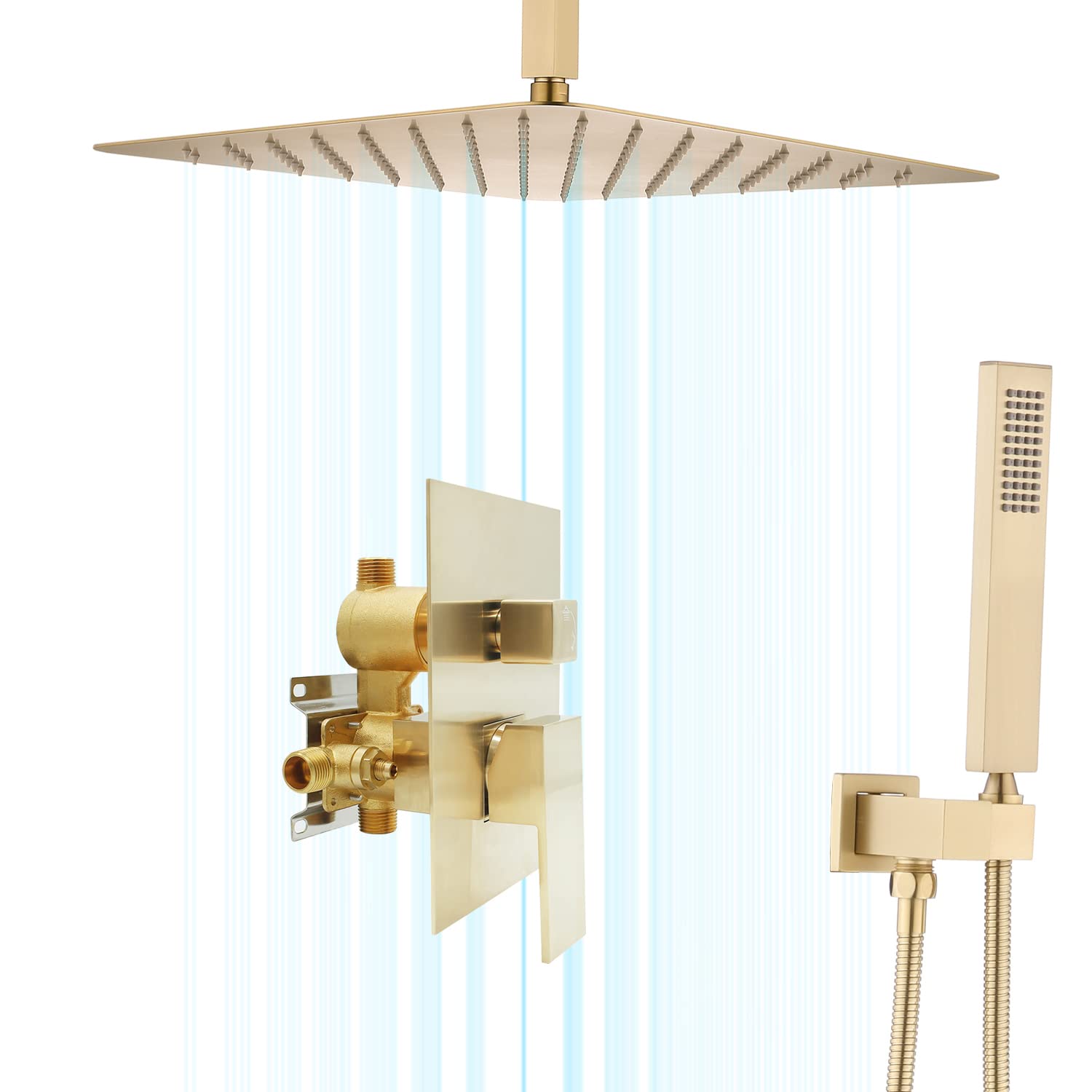 16 Inch High Pressure Ceiling Mount Rain Shower System - Dual Function Overhead Shower Head with Handheld Sprayer, Brushed Gold Shower Faucet Set - Perfect for Luxurious Spa-Like Bathroom Experience